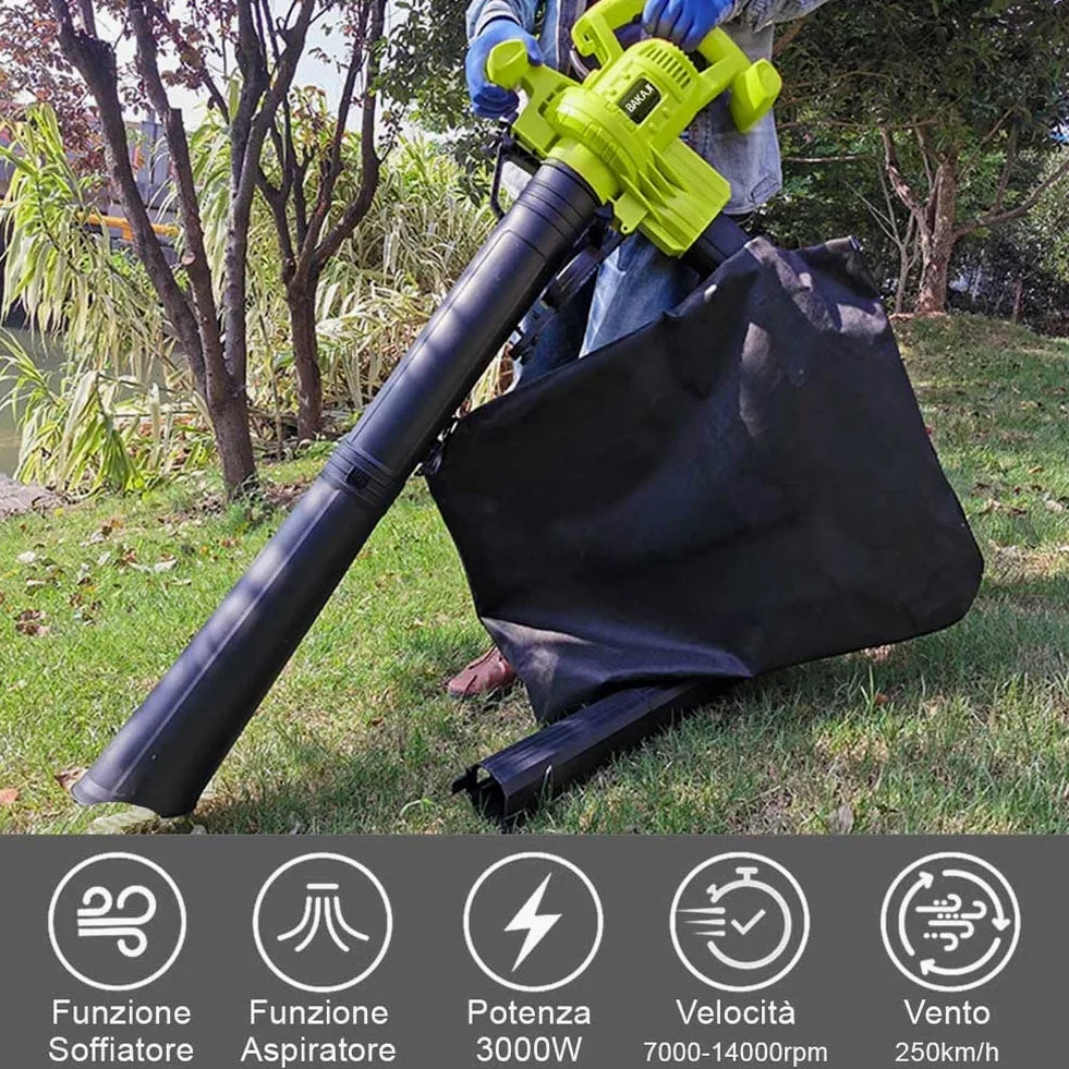 BAKAJI Extracteur de Feuilles électrique de Jardin 3 en 1 aspirateur déchiqueteuse et souffleur à Feuilles, Puissance 3000 W avec réservoir de Collecte 40 l et bandoulière pour Entretien, avec Fil