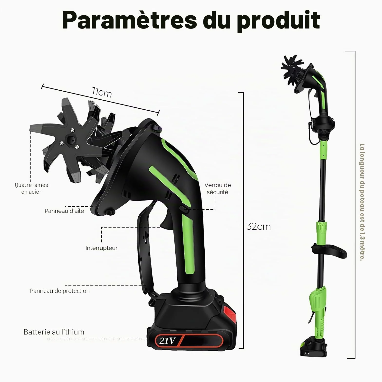 Motobineuse Electrique 650 W, Mini Motobineuse avec Batterie 3000 mAh, Tige de 1,3 m,Largeur de Travail 10 cm, Profondeur de Travail 10 cm pour Ameublir Terre Jardin et Verger (2 Batteries)