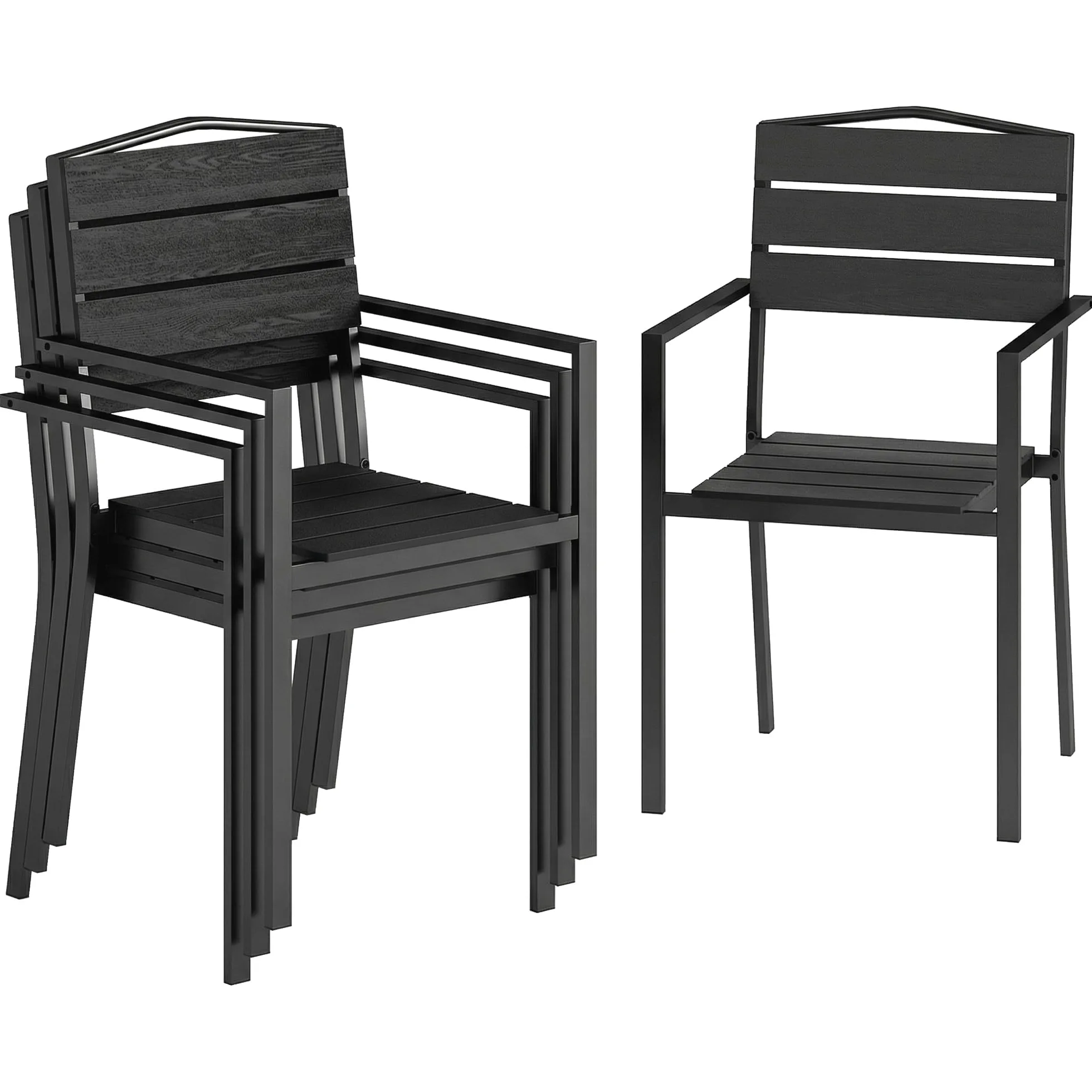 Outsunny Lot de 4 Chaises de Jardin Chaises de Salle à Manger Empilables - HDPE Effet Bois avec Accoudoirs Résistant aux Intempéries - Fauteuils Extérieurs pour Terrasse Balcon Repas Plein Air, Noir