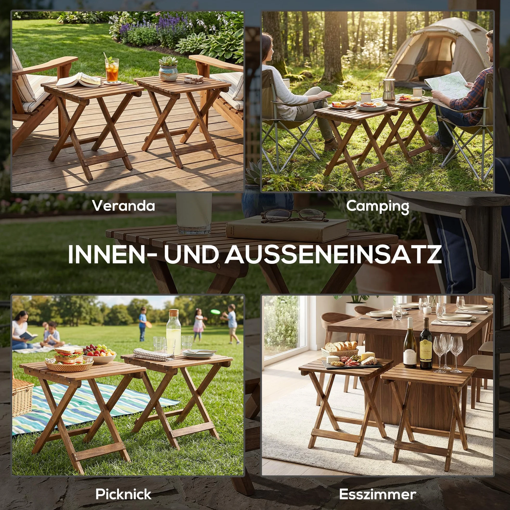 Outsunny Lot de 2 tables d'appoint d'extérieur pliables en bois pour jardin, balcon, teck, 45 x 45 x 45 cm