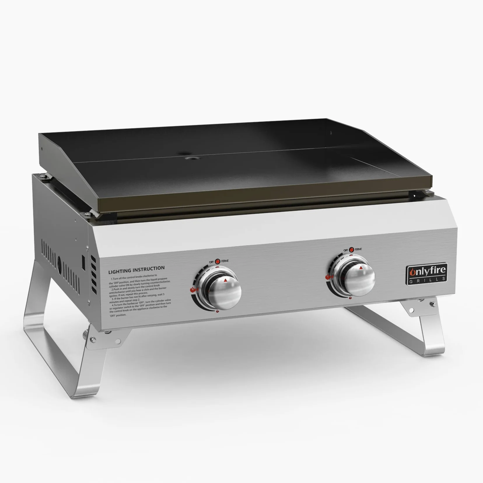 onlyfire Plancha à Gaz de Table en INOX, Barbecue Gaz avec 2 Brûleurs 4.7kW, Plancha 46x36cm avec Revêtement en Céramique Antiadhésif, Pieds Pliables pour Terrasse, Balcon et Camping