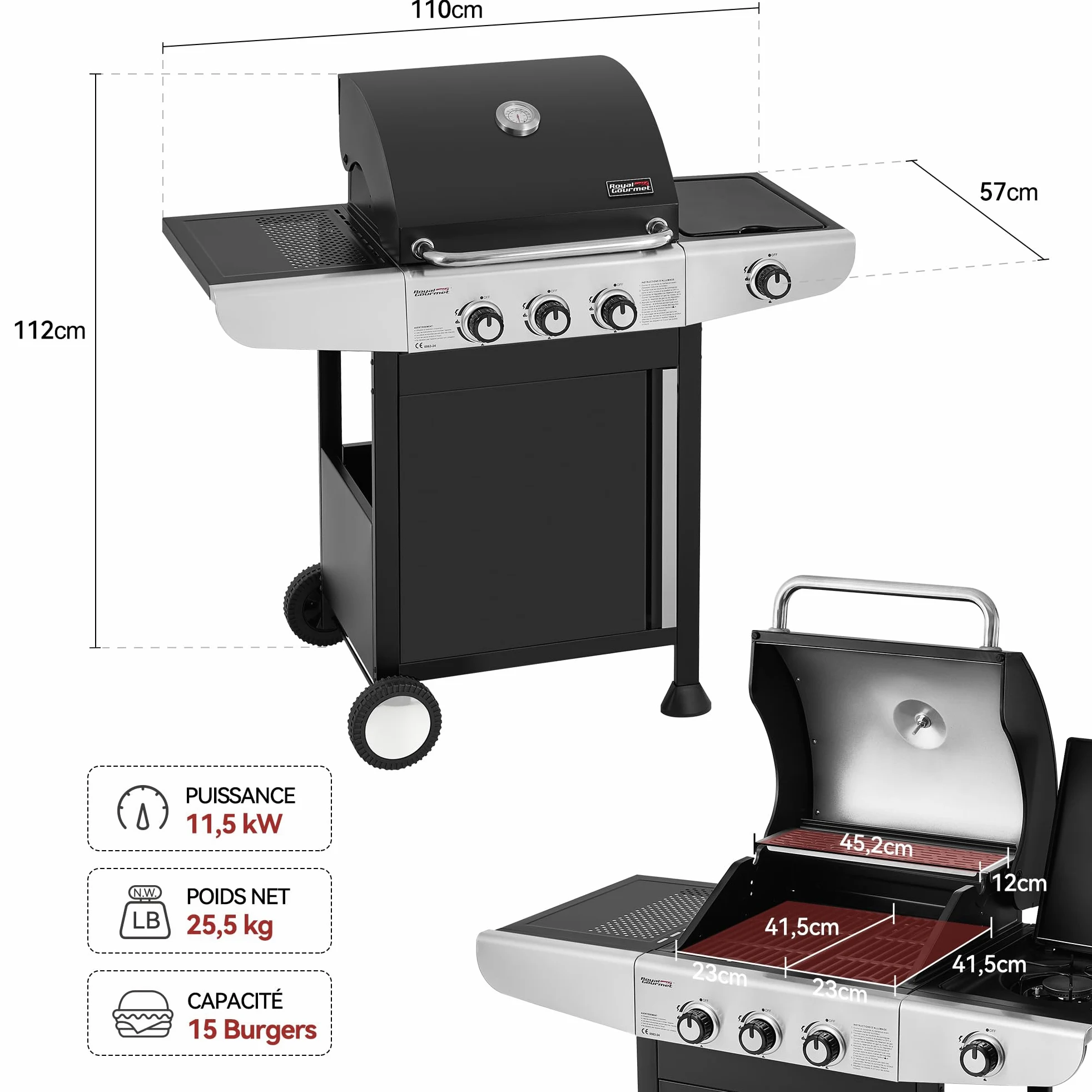 Royal Gourmet Barbecue Gaz à 3 Brûleurs avec Brûleur Latéral, Gril à Gaz sur Chariot de Puissance 11,5 KW avec 2 Grille en Fonte et 2 Tables d’Appoint, Adapté pour Jardin et Extérieure, Argent