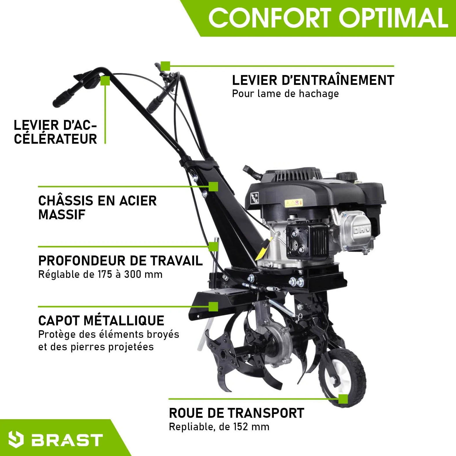 BRAST motobineuse thermique 176ccm 6CV 4,4kW largeur 36cm, profondeur 17,5-30cm 4 fraises autoconduite commutable vitesse nominale 3 600 tr/min motoculteur thermique 4 temps