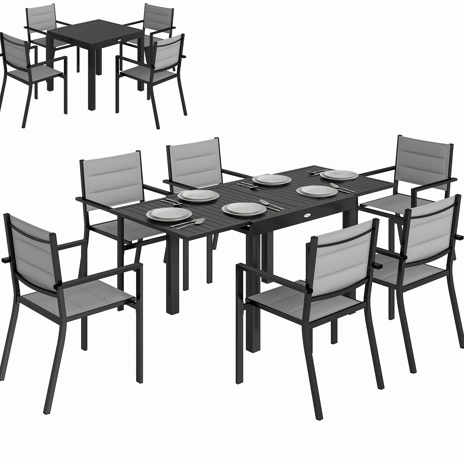 Outsunny Salon de Jardin 7 Pièces Table Extensible Aluminium - Ensemble Mobilier de Jardin avec 6 Chaises Empilables Textilène Rembourré - Meuble pour Terrasse Extérieur et Repas de Famille, Gris