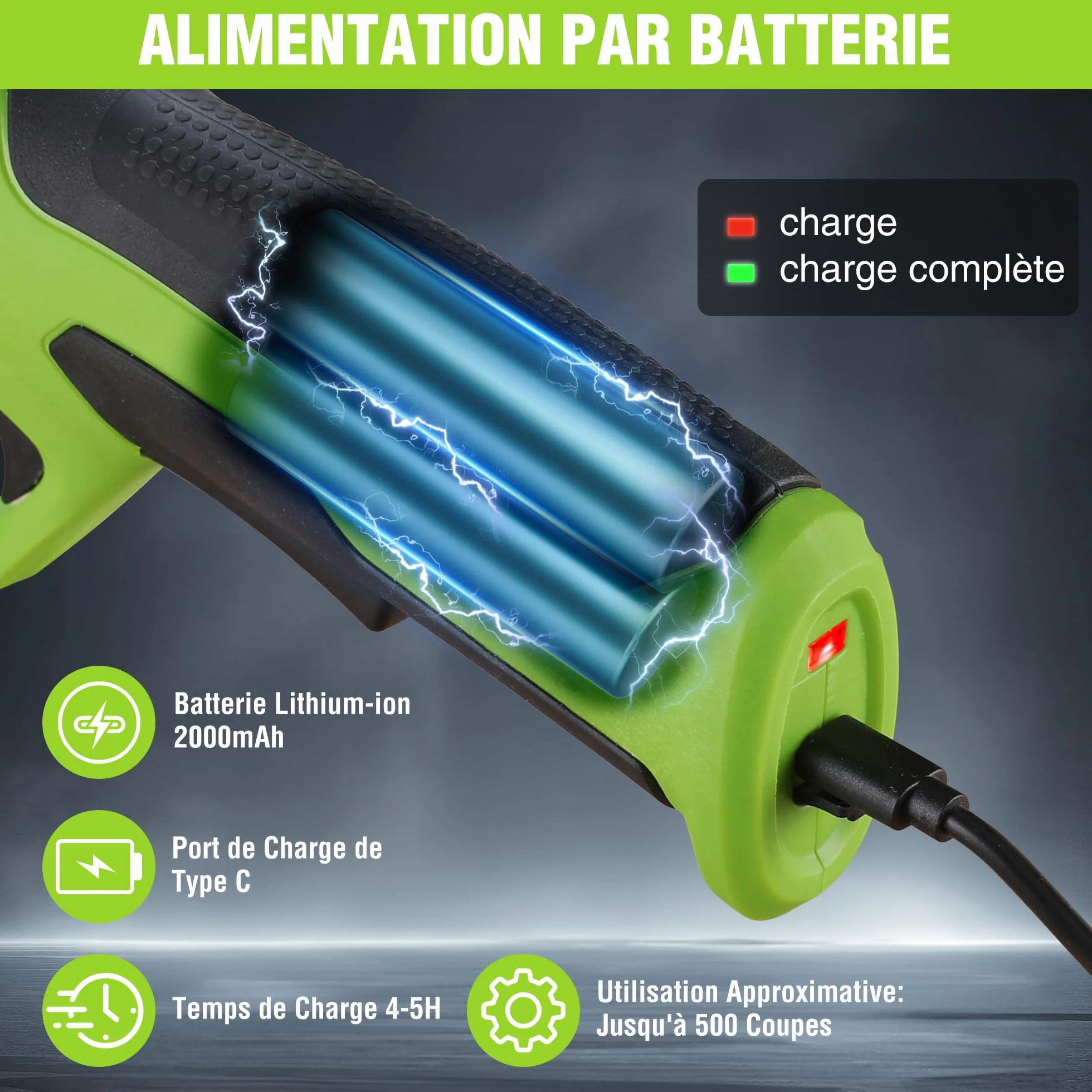 WORKPRO Sécateur Électrique 7,2 V, Professionnel Secateur Electrique avec Lames en SK5, Batterie 2000 mAh, Diamètre de Coupe de 19 mm pour Jardins, Branches et Arbres Fruitiers