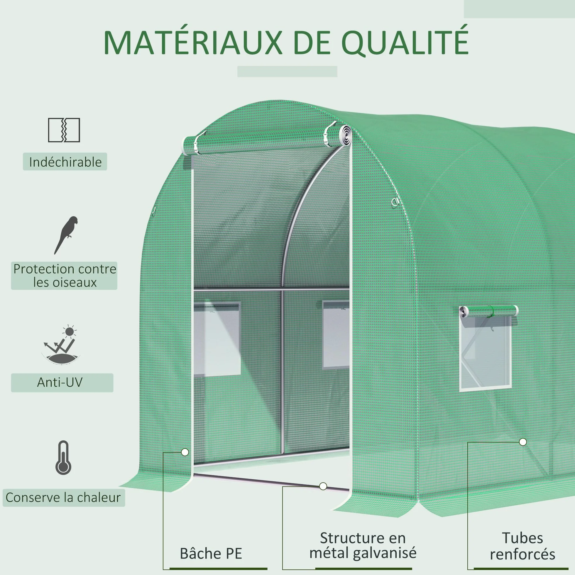 Outsunny Tunnel Serre de Jardin Surface au Sol 6 m² dim. 3 x 2 x 2 m Châssis Tubulaire renforcé Porte battante 6 fenêtres enroulables Vert