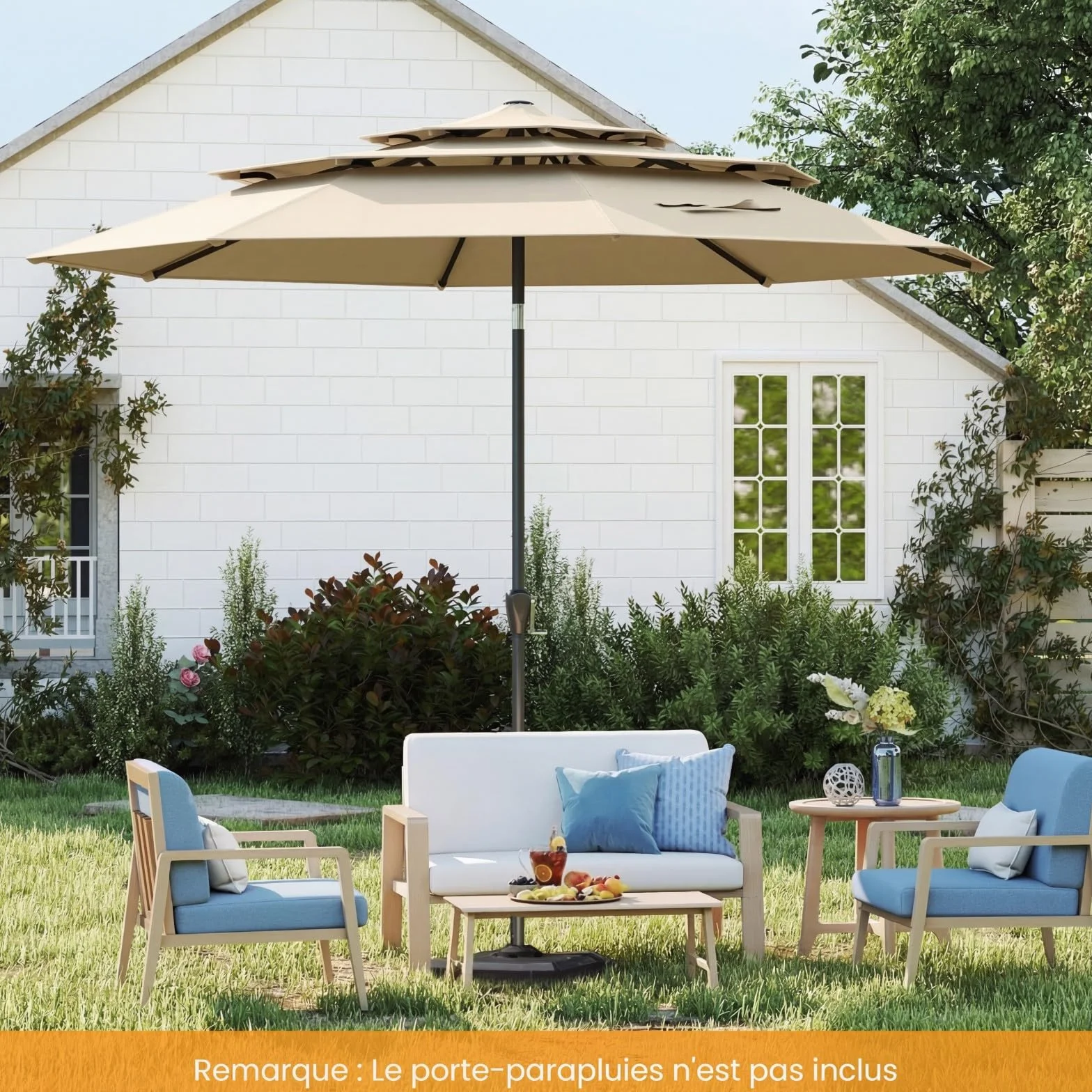 Parasol de Jardin 3M Inclinable RELAX4LIFE Toit Ventilé 3 Couches 8 Baleines Manivelle Protection Solaire Terrasse Balcon Beige