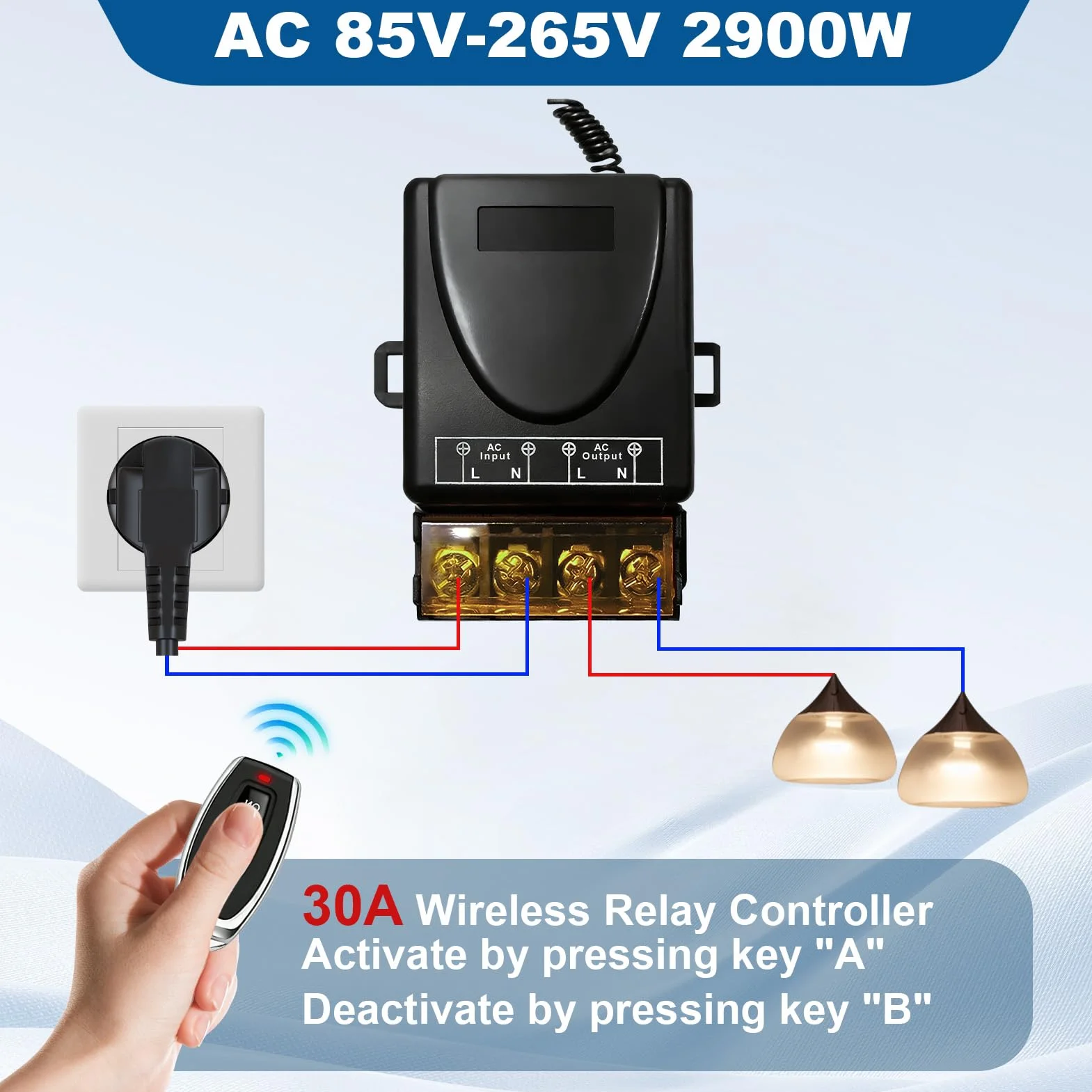 Interrupteur de Télécommande Sans Fil 433MHz 2900W 30A AC 220-240V Haute Puissance