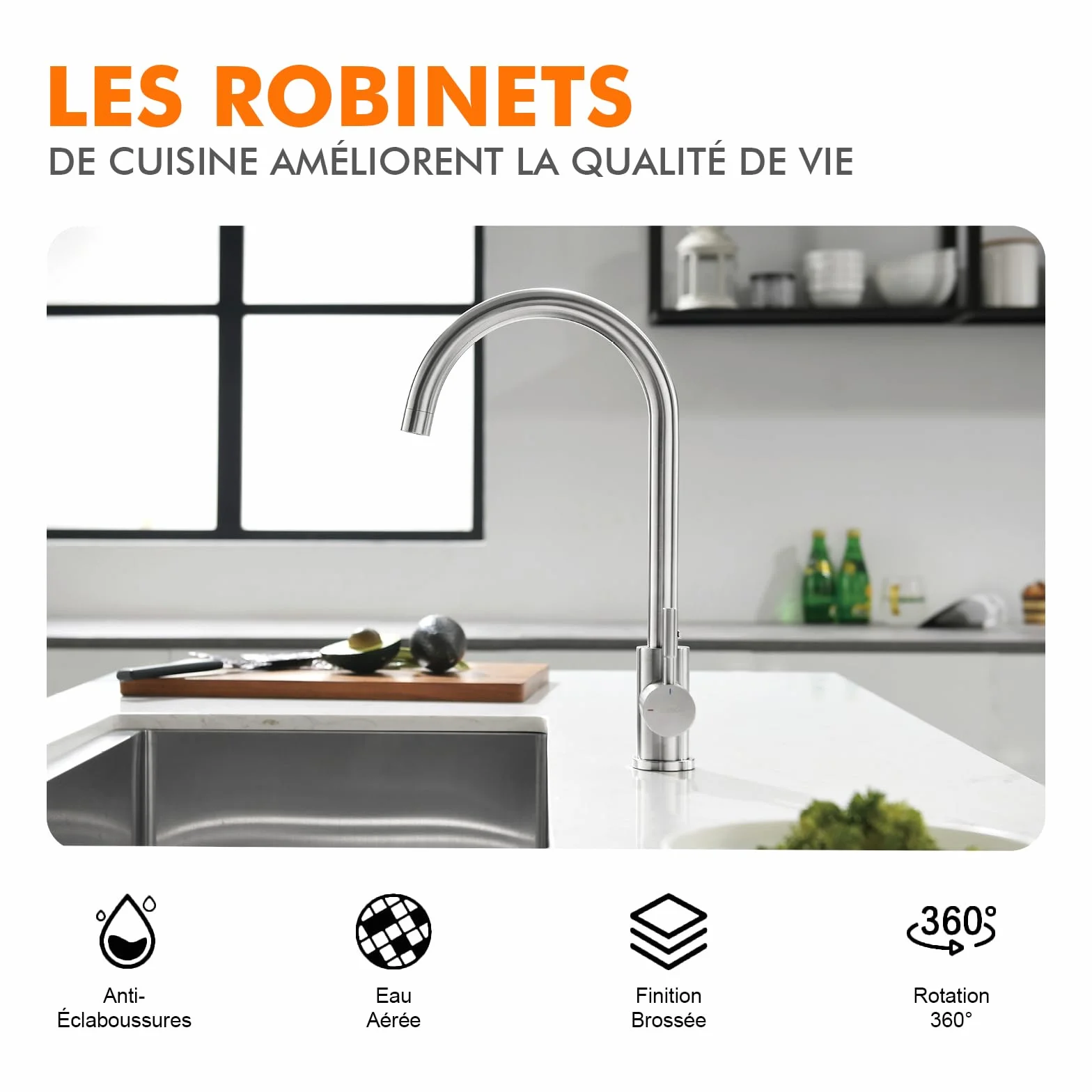 GRIFEMA G4008 Robinet de Cuisine Mitigeur Évier à Poignée Unique, Arc Élevé 360, Acier Inoxydable