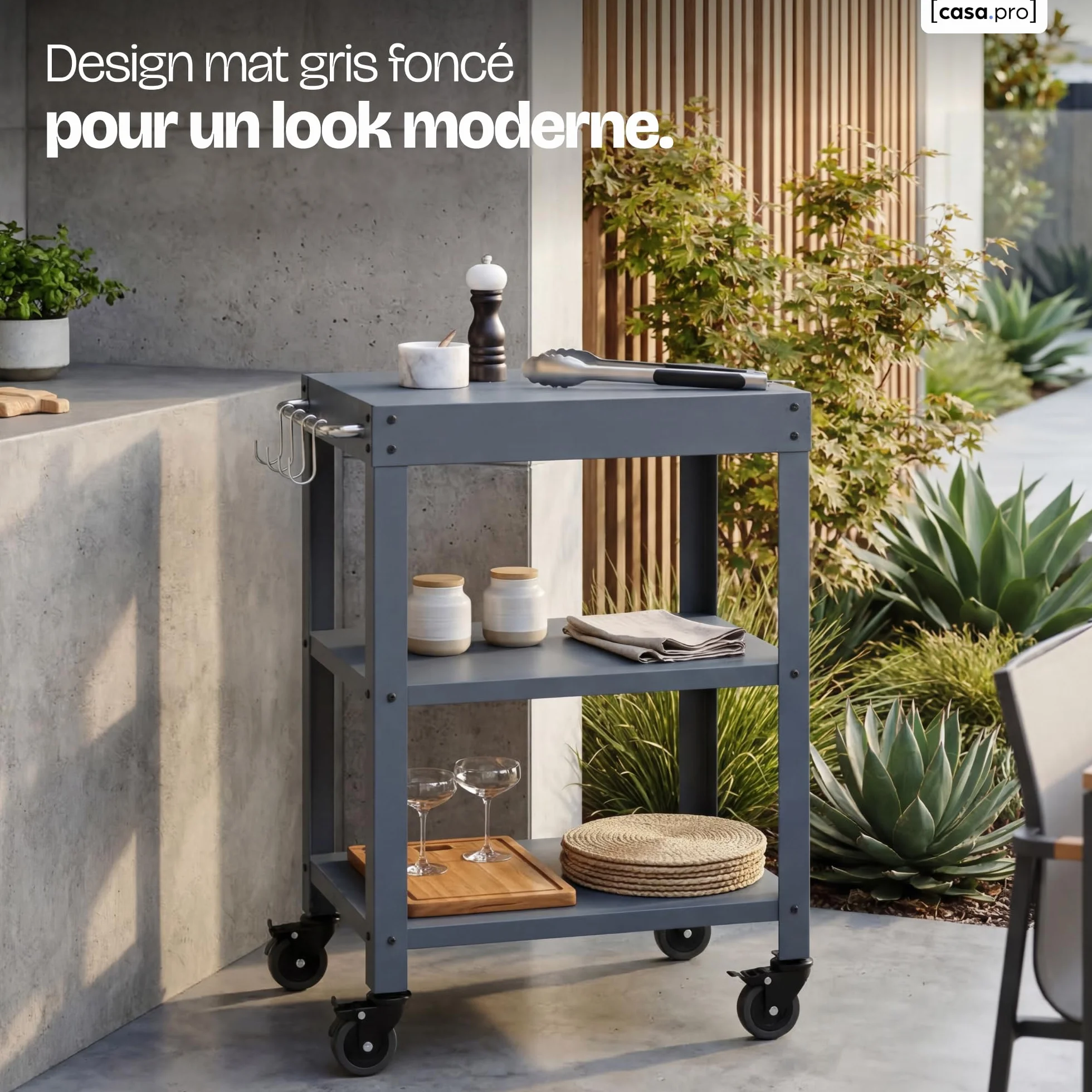 Desserte de Jardin à roulettes Bolognano Chariot de Service Extérieur Barbecue 3 Étagères 4 Crochets Métal 81 x 50 x 50 cm Gris Foncé
