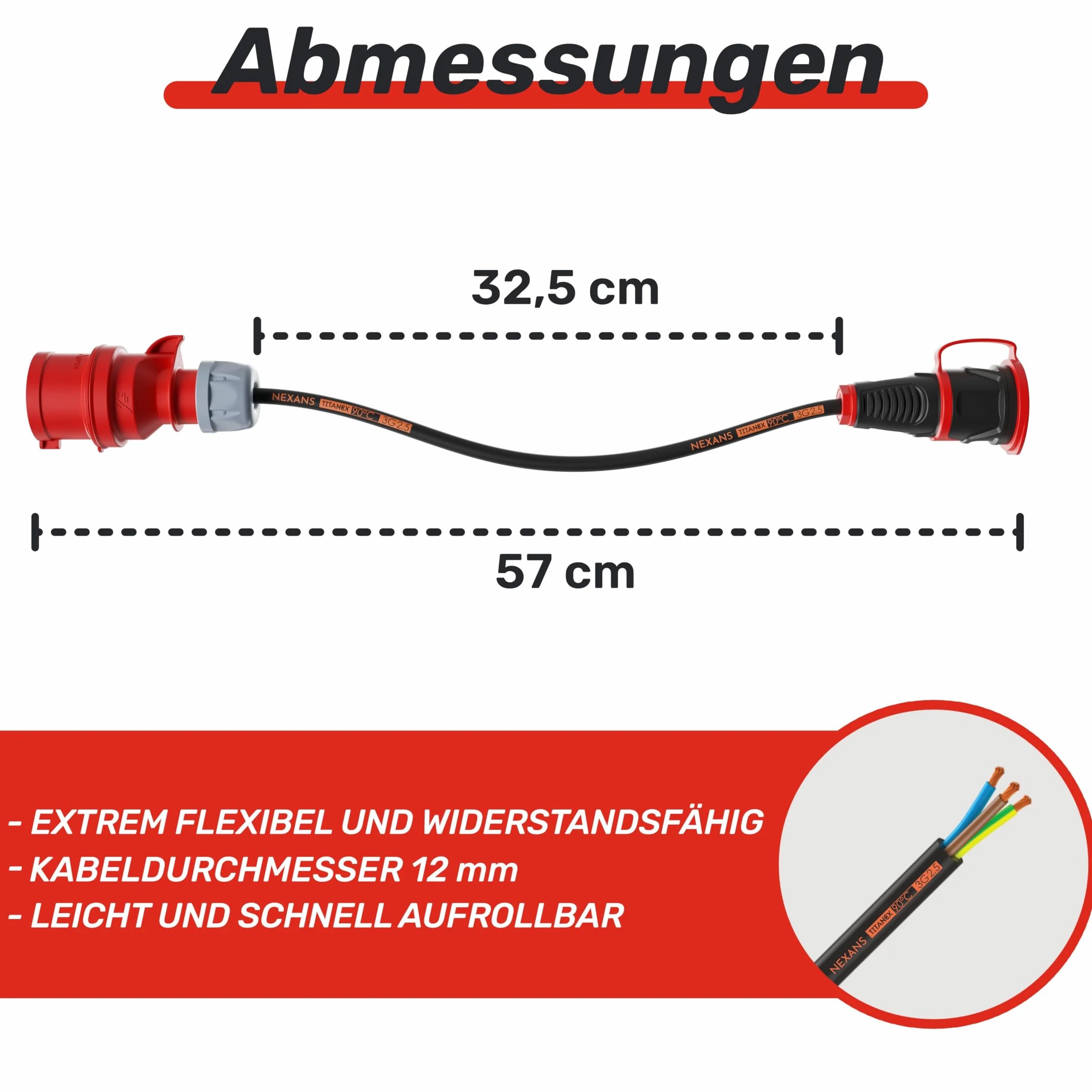 Adaptateur NWP 16 A 400 V vers prise Schuko 230 V IP44 3 x 2,5 mm² Câble en caoutchouc