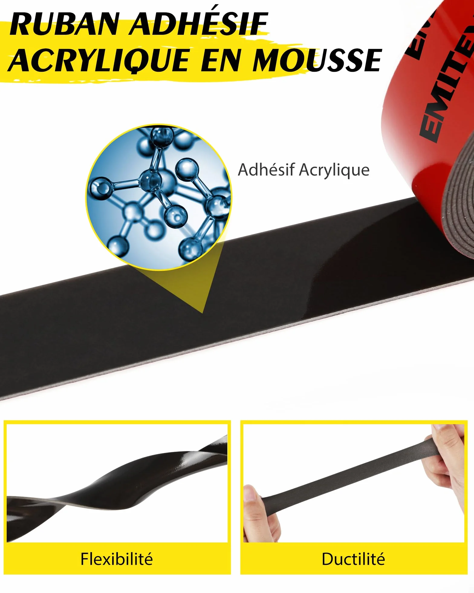 Ruban Double Face Extra Fort 25mm 5M Adhésif Acrylique Imperméable Noir