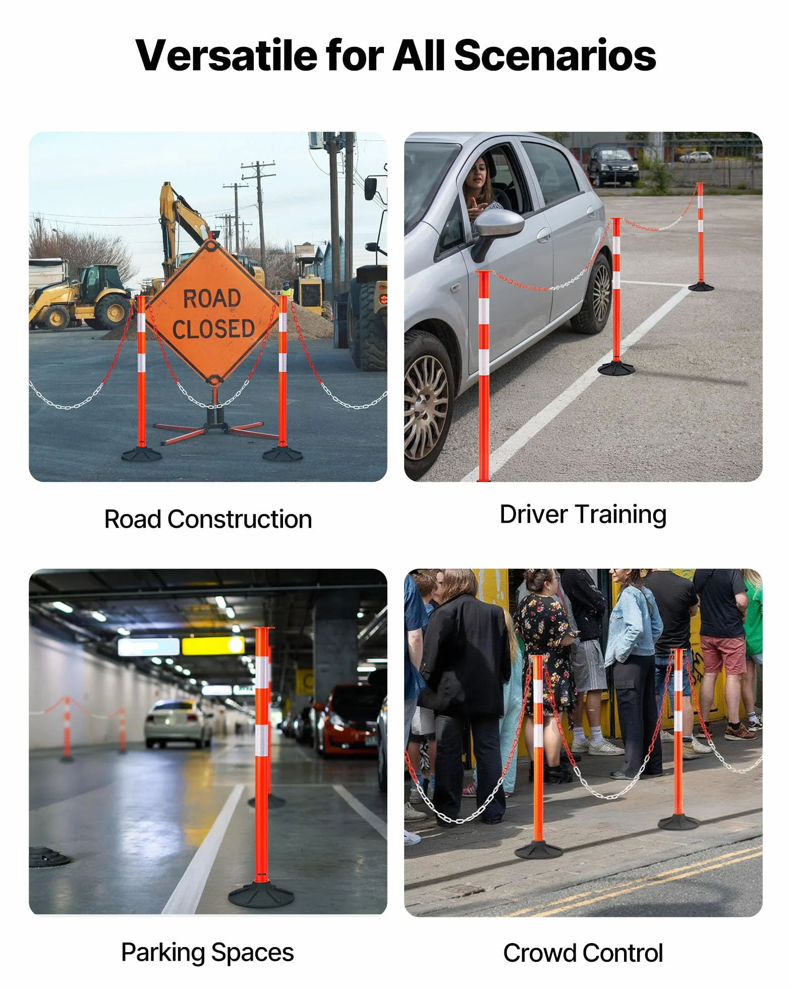 VEVOR Poteau de Signalisation 3PCs 87,1 cm, Balise Délimitation Base Lestée, Bandes Réfléchissantes Chaîne