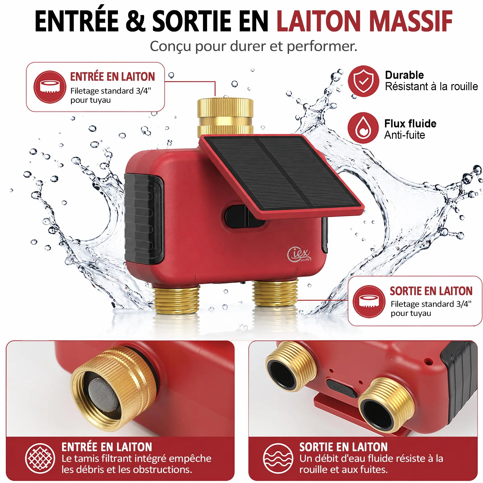 Programmateur d’arrosage WiFi 2 Zones, minuteur d’Eau Solaire Rechargeable Double Sortie, raccords en Laiton, sans hub, Compatible Alexa et Google Assistant