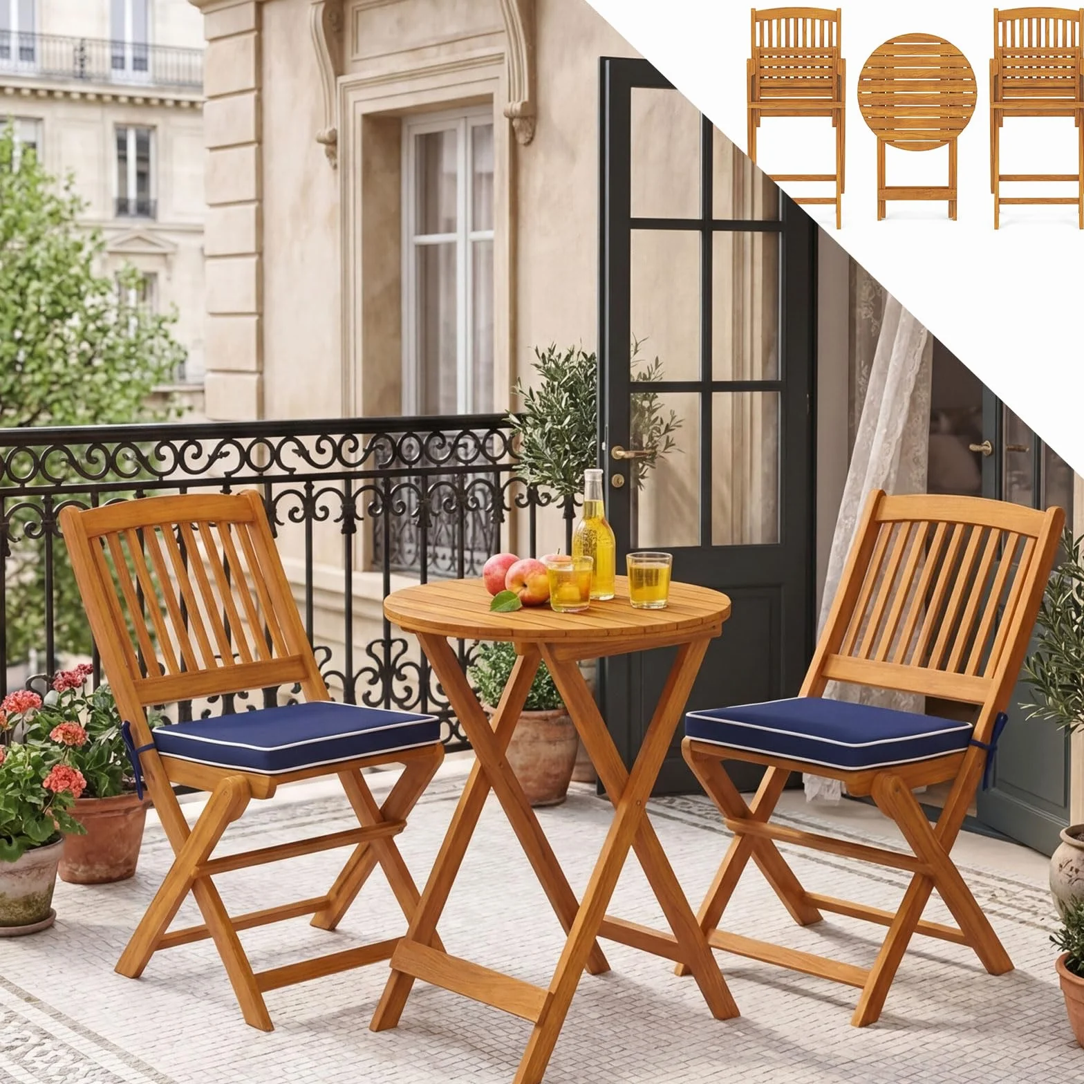 GOPLUS Salon de Jardin 2 Personnes Table Bistrot en Bois Acacia avec 2 Chaises et Coussins Amovibles 3PCS Pliante Terrasse (Bleu)