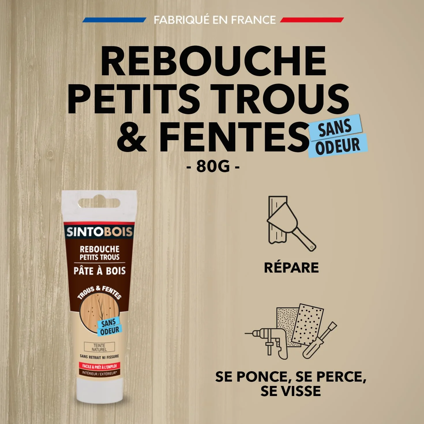 Pâtes à Bois Sans Odeur SINTO 80 g Prêt à l'Emploi Intérieur Extérieur Sec en 4h