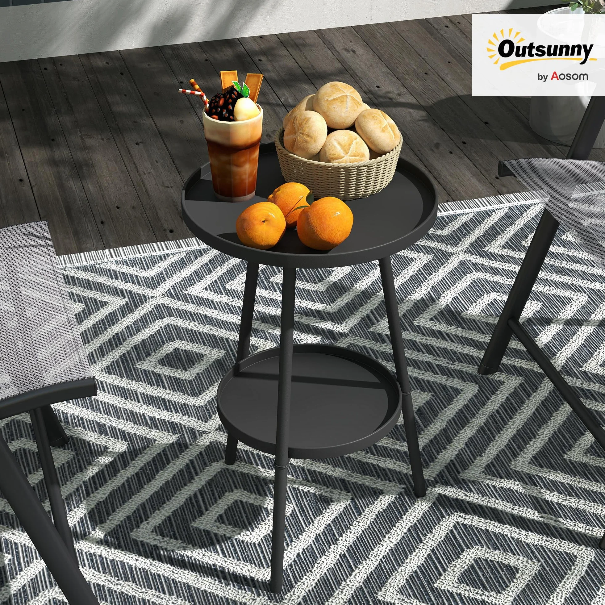 Outsunny Petite Table d'appoint Ronde 2 Niveaux Table de Jardin Métal Noir