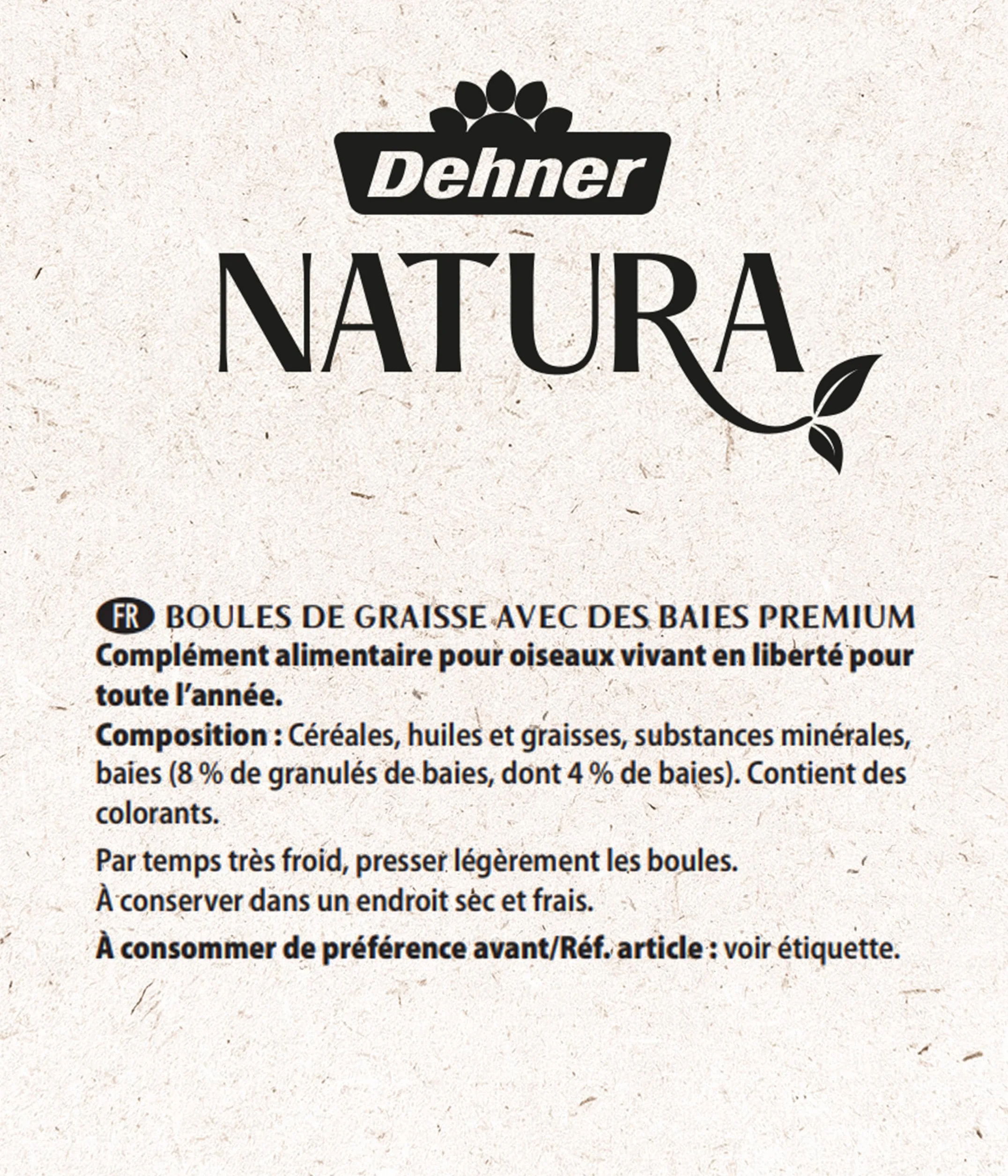 Dehner Natura Premium, Boules de Graisse, avec Filet, aux Baies, Nourriture pour Oiseaux Sauvages, Riche en protéines et énergie, 100 pièces de 90 g (9 kg), Emballage FSC