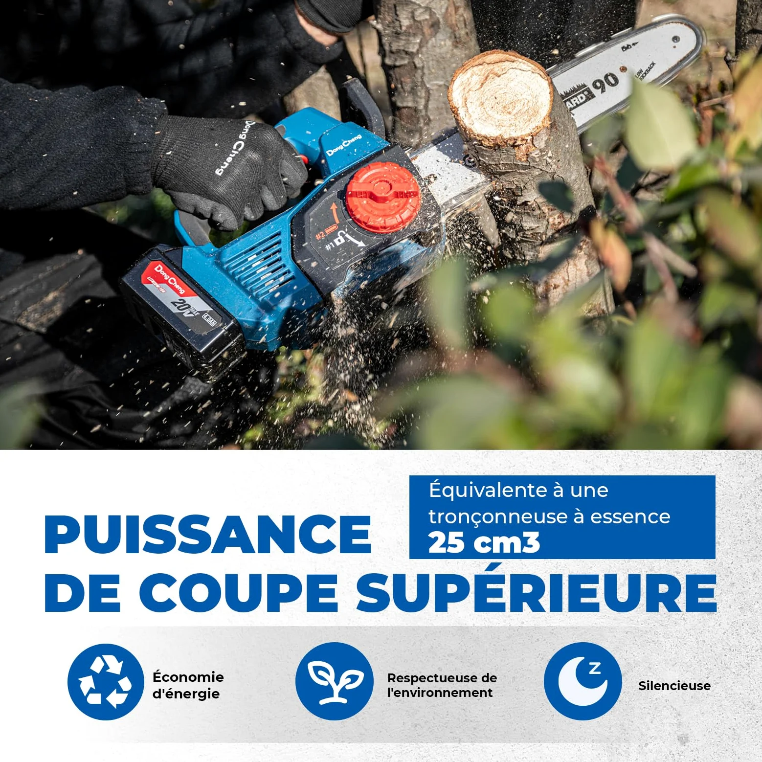 DongCheng Tronçonneuse sans fil a batterie 20V, moteur sans balais, guide-chaîne OREGON de 30 cm, tension de chaîne sans outil, Graissage automatique de la chaîne, avec batterie 4,0 Ah et chargeur