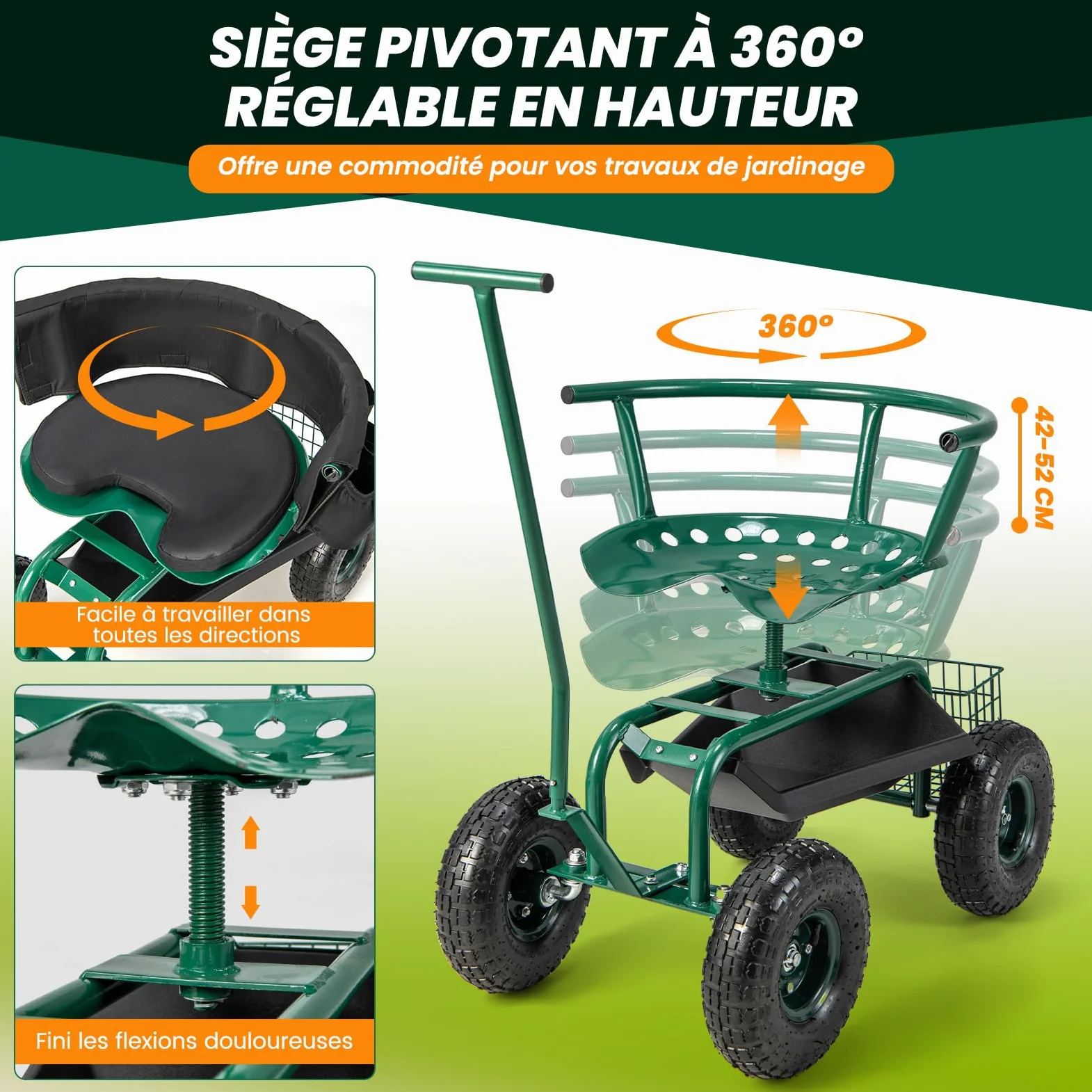 RELAX4LIFE Siège de Jardinage Roulant, Chariot de Jardin avec Siège Pivotant et Hauteur Réglable, 2 Poignées, Coussin de Siège Amovible, Plateau à Outils, Siège de Travail pour Jardiner