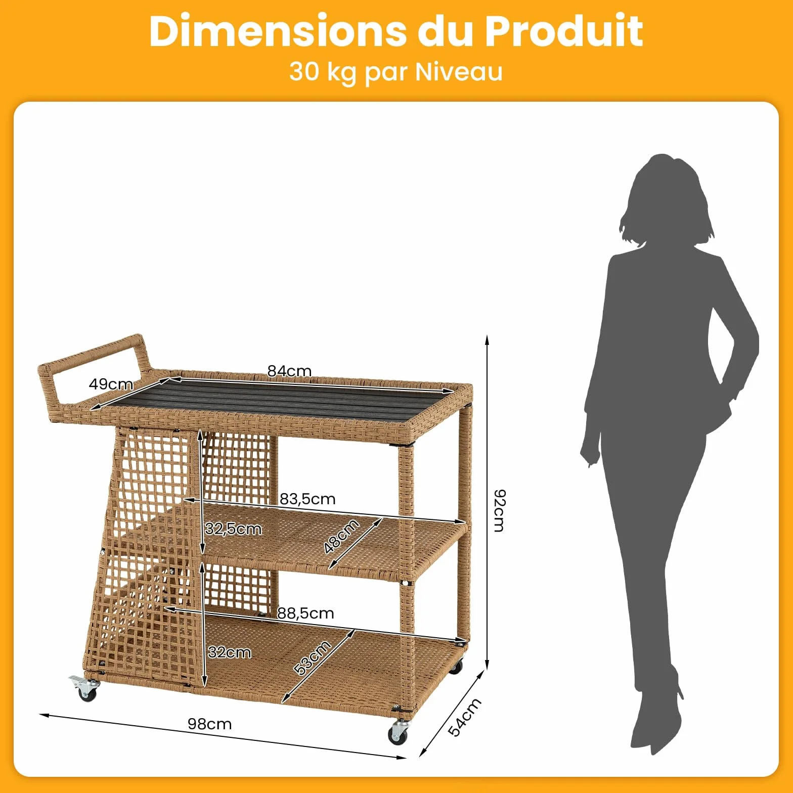 COSTWAY Desserte Exterieur en Rotin PE 3 Niveaux, Chariot de Bar Jardin à roulettes avec Plateau Large