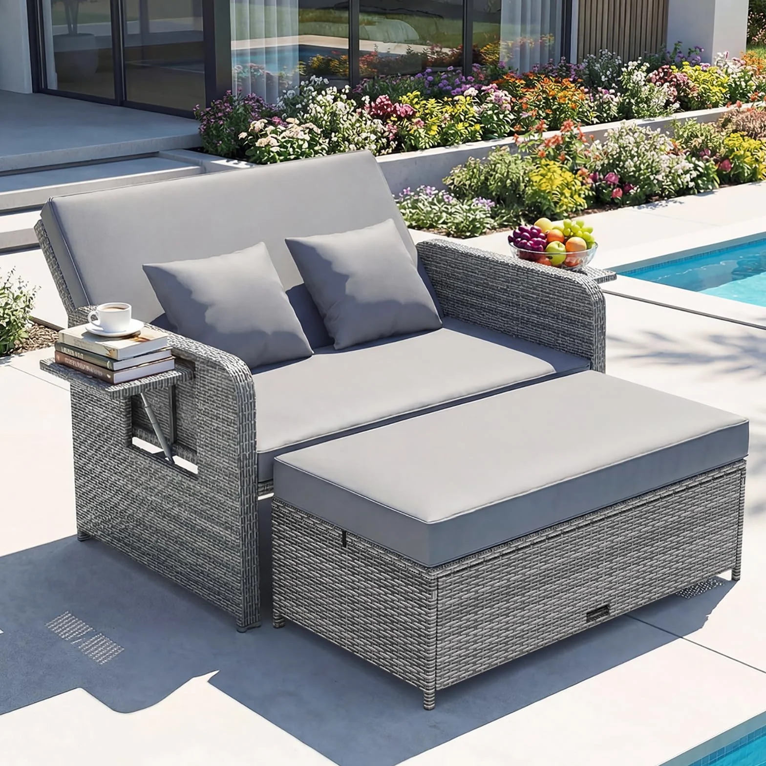 GIANTEX Canape Exterieur Jardin 2 Pièces, Canapé de Jardin 2 Places en Rotin PE, Ottoman de Rangement, Dossier Réglable, Tables d'Appoint Rétractables, Coussins Doux, pour Porche, Patio, Gris