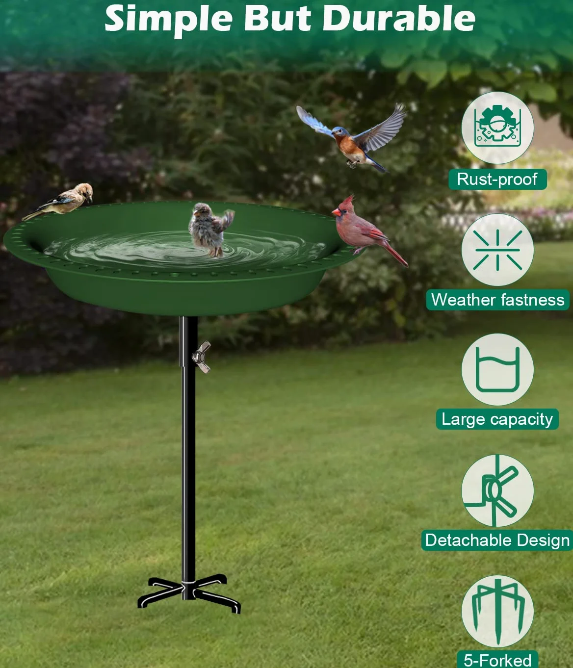 Bain d'oiseaux amovible de 73,6 cm de hauteur avec support en métal, bol ovale pour oiseaux et mangeoire à oiseaux avec base à 5 dents pour jardin extérieur, vert