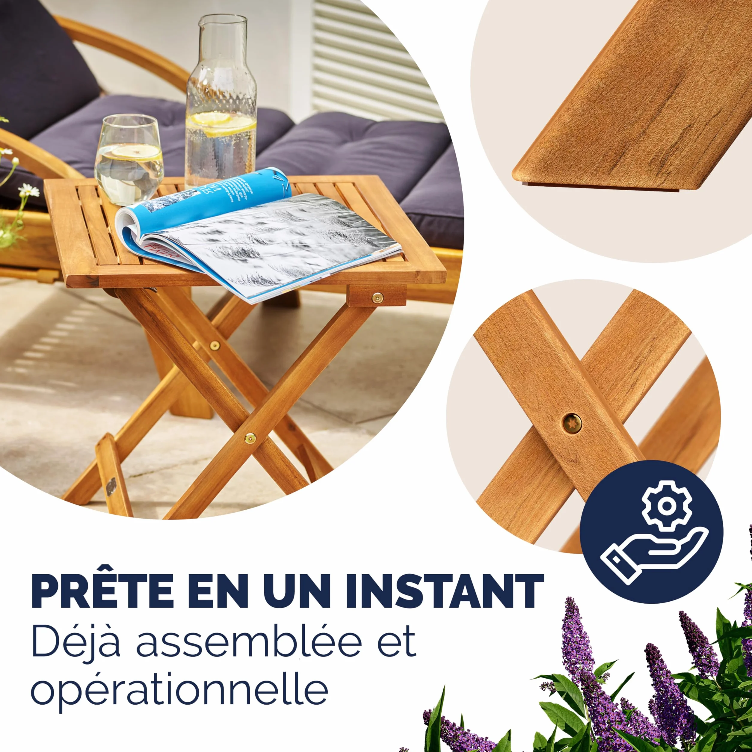 Deuba CASARIA® Table Basse Pliante en Bois d'acacia 46x46cm