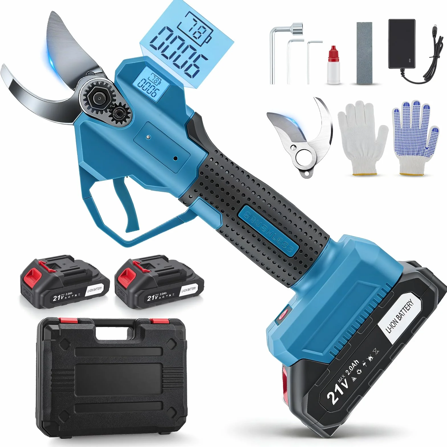 Sécateur et cisaille à gazon sans fil 21 V 2 en 1 avec 2 x 2600 mAh | 18000 tr/min, épaisseur de coupe 8 mm | Sécateur électrique léger pour haies et bordures de pelouse (bleu)