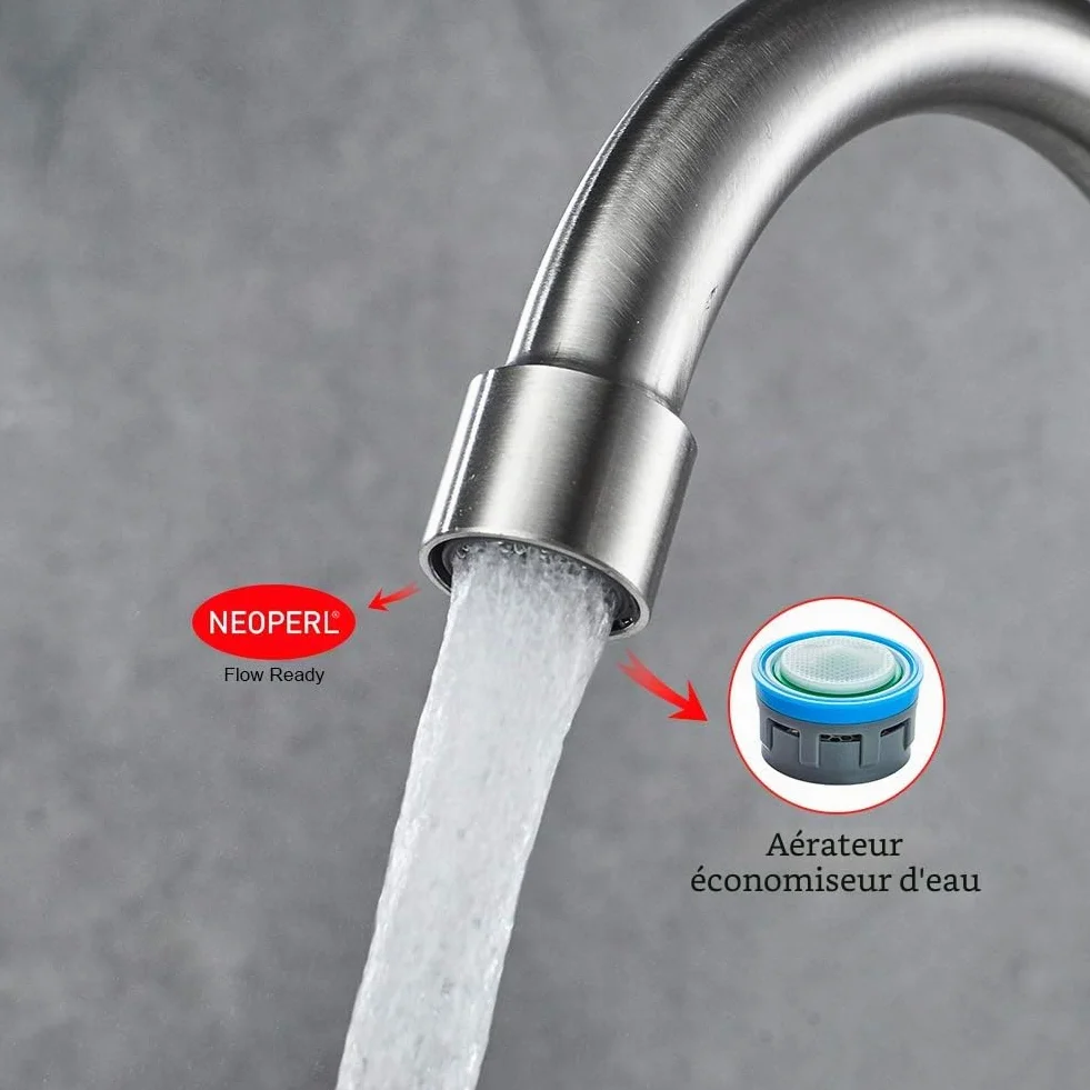 Robinet de cuisine Ibergrif en acier inoxydable pivotant 360° eau froide cartouche céramique flexible 50 cm