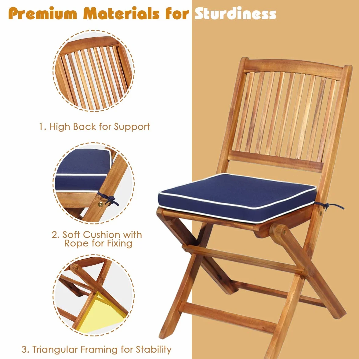 GOPLUS Salon de Jardin 2 Personnes Table Bistrot en Bois Acacia avec 2 Chaises et Coussins Amovibles 3PCS Pliante Terrasse (Bleu)