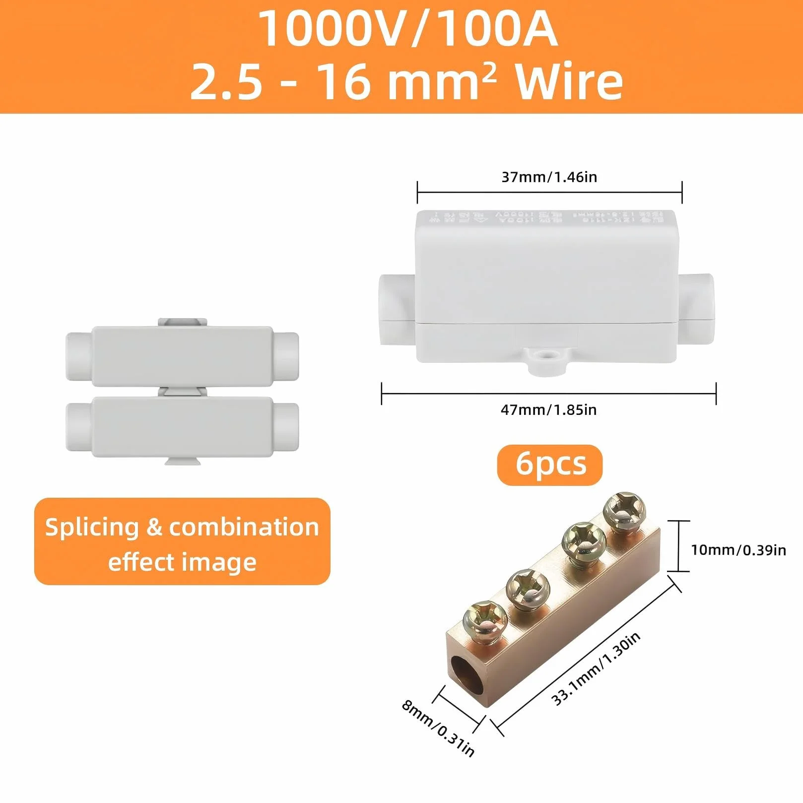 Connecteurs de passage 2 broches 100 A 1000 V Bloc de serrage 2,5-16 mm² Boîtier ABS