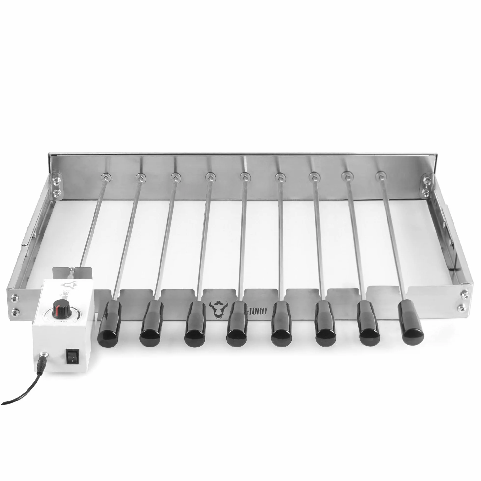 BBQ-Toro Tournebroche électrique - En acier inoxydable - Avec 9 brochettes et moteur - Taille réglable 56 x 26-40 cm - Prise d'alimentation et USB - Chachlyk Mangal - Broche pour rôtisserie