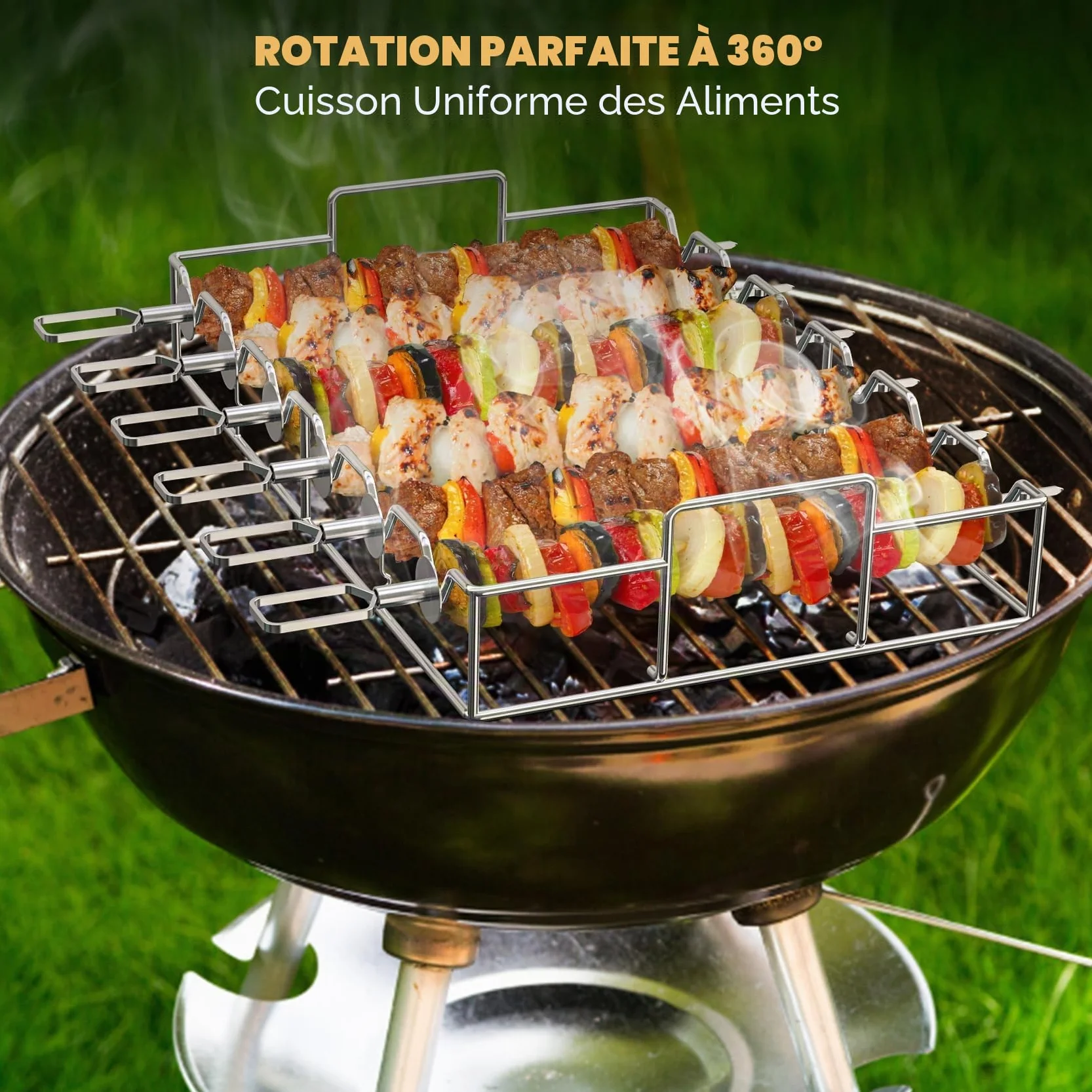onlyfire Set de Brochettes pour Barbecue en Acier Inoxydable, Pic Brochette INOX avec Support, 6 Brochettes à Viande, Brochettes de Grillades pour Barbecue et Grille, pour Viande et Légumes