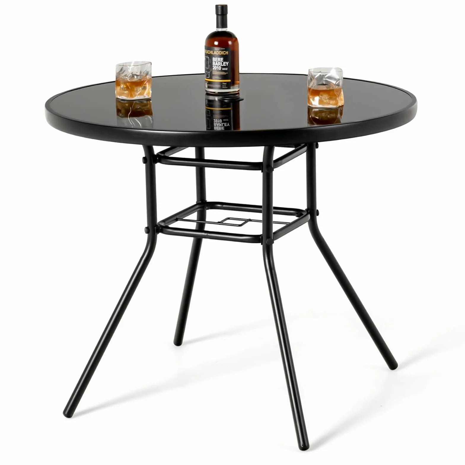 GIANTEX Table Bistrot 86 cm, Table à Manger de Jardin avec Trou pour Parasol de 3,5 cm, Plateau en Verre Sérigraphié, Cadre en Métal, Table d'Appoint Ronde, pour Jardin, Terrasse, Noir