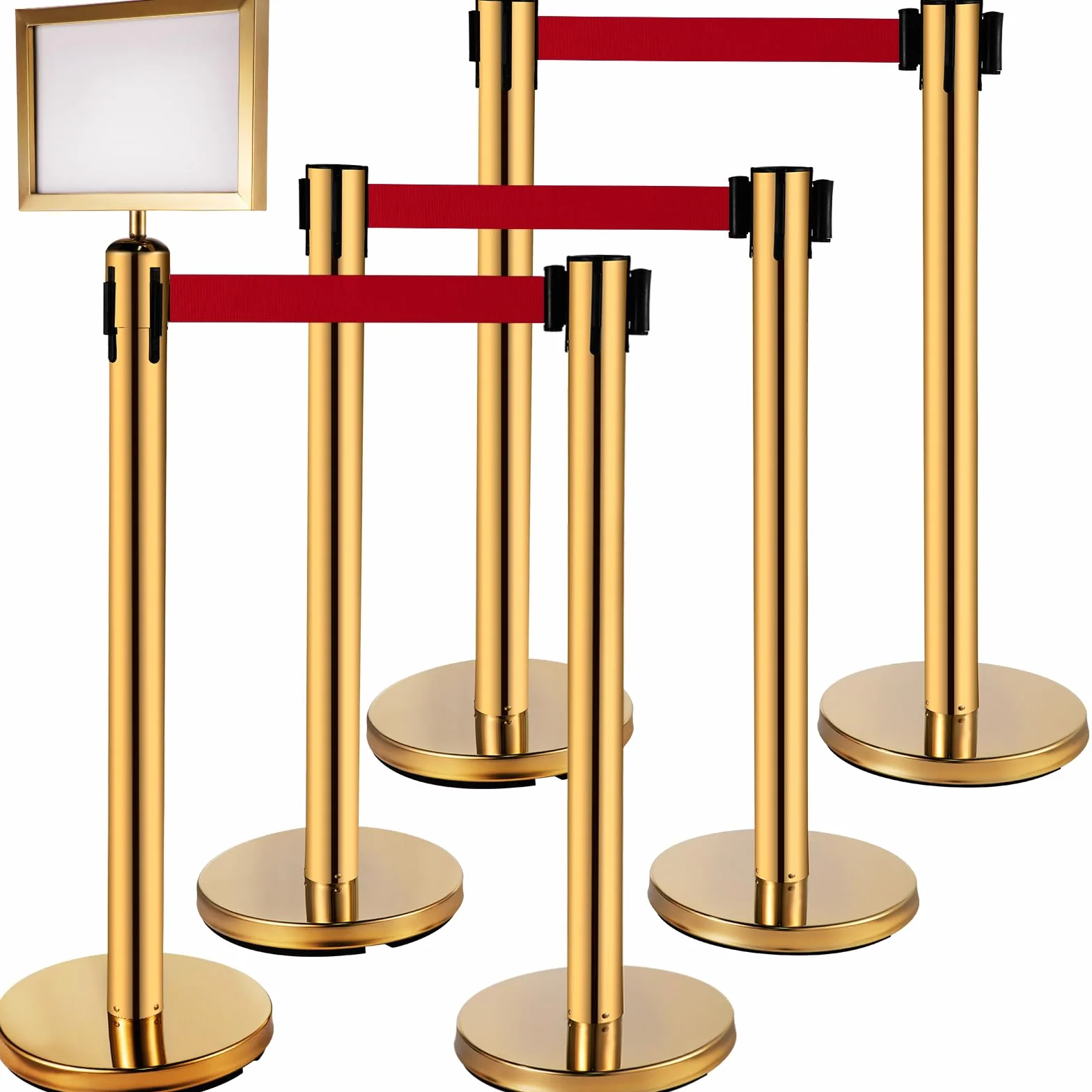 VEVOR Barrière de Balisage Poteau de Guidage Doré 6PCs, Inox, Ceinture Rétractable Rouge 2m