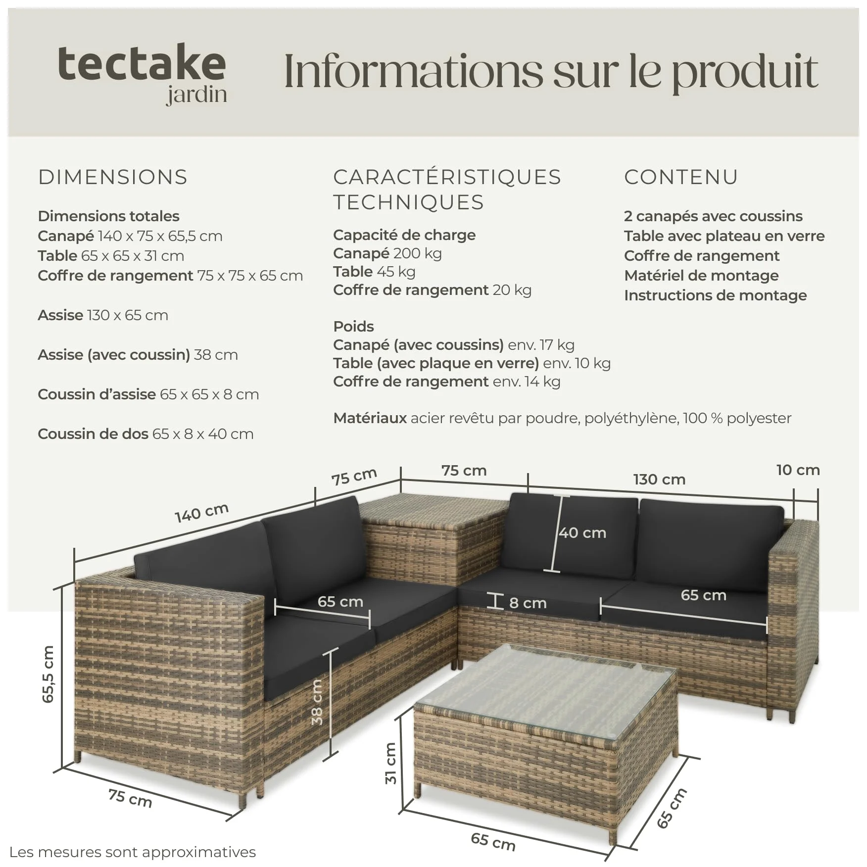 tectake® Ensemble Salon de Jardin Exterieur en Poly Rotin 4 Personnes, 2 Canapés modulables, Coffre de Rangement et Table de Jardin en Verre Inclus, Mobilier de Jardin pour Amenagement Balcon