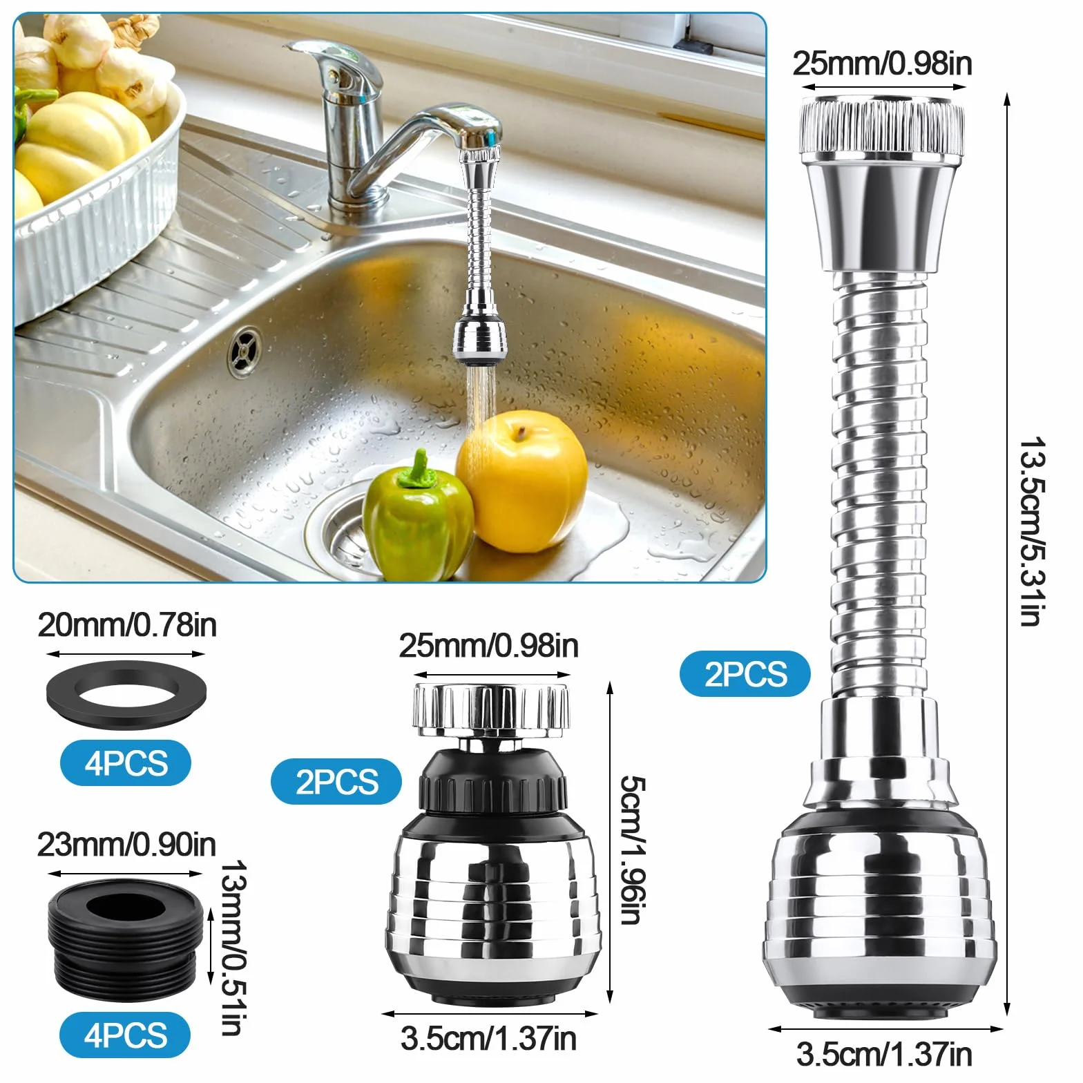 Robinet Cuisine Pivotant 360° Douchette 2 Pièces, Robinetterie de Cuisine Aérateur Rallonge