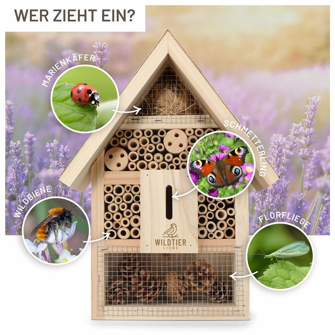 wildtier liebe Hôtel à insectes - Grand hôtel à abeilles non traité avec appât - En bois massif vissé - Maison à insectes pour abeilles, coccinelles et papillons