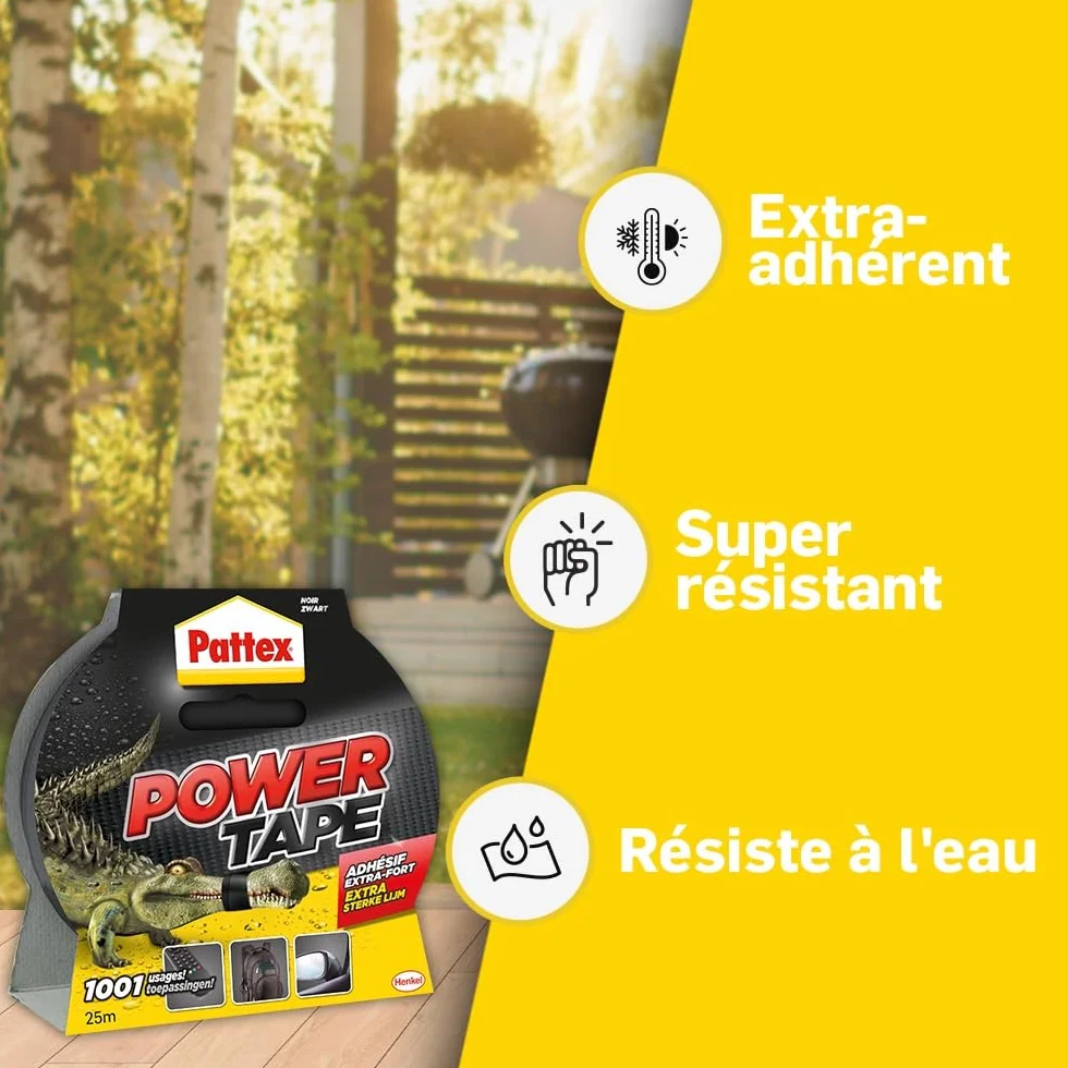 Pattex Power Tape extra-fort noir 25 m – Bande adhésive toilée tous supports étanche charges lourdes