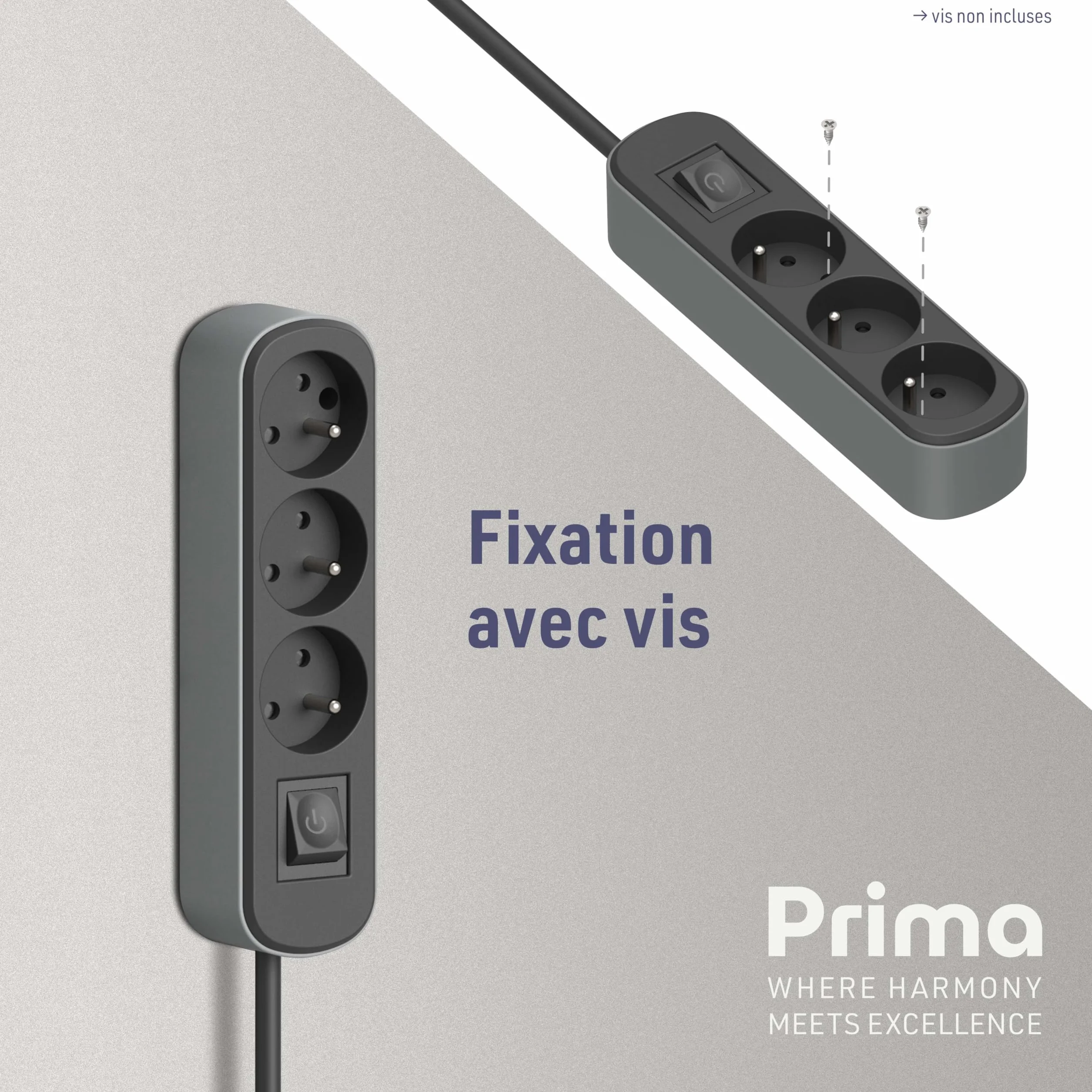 Electraline Bloc Multiprise Prima 3 Prises 16A Interrupteur 1.5 M Noir/Gris