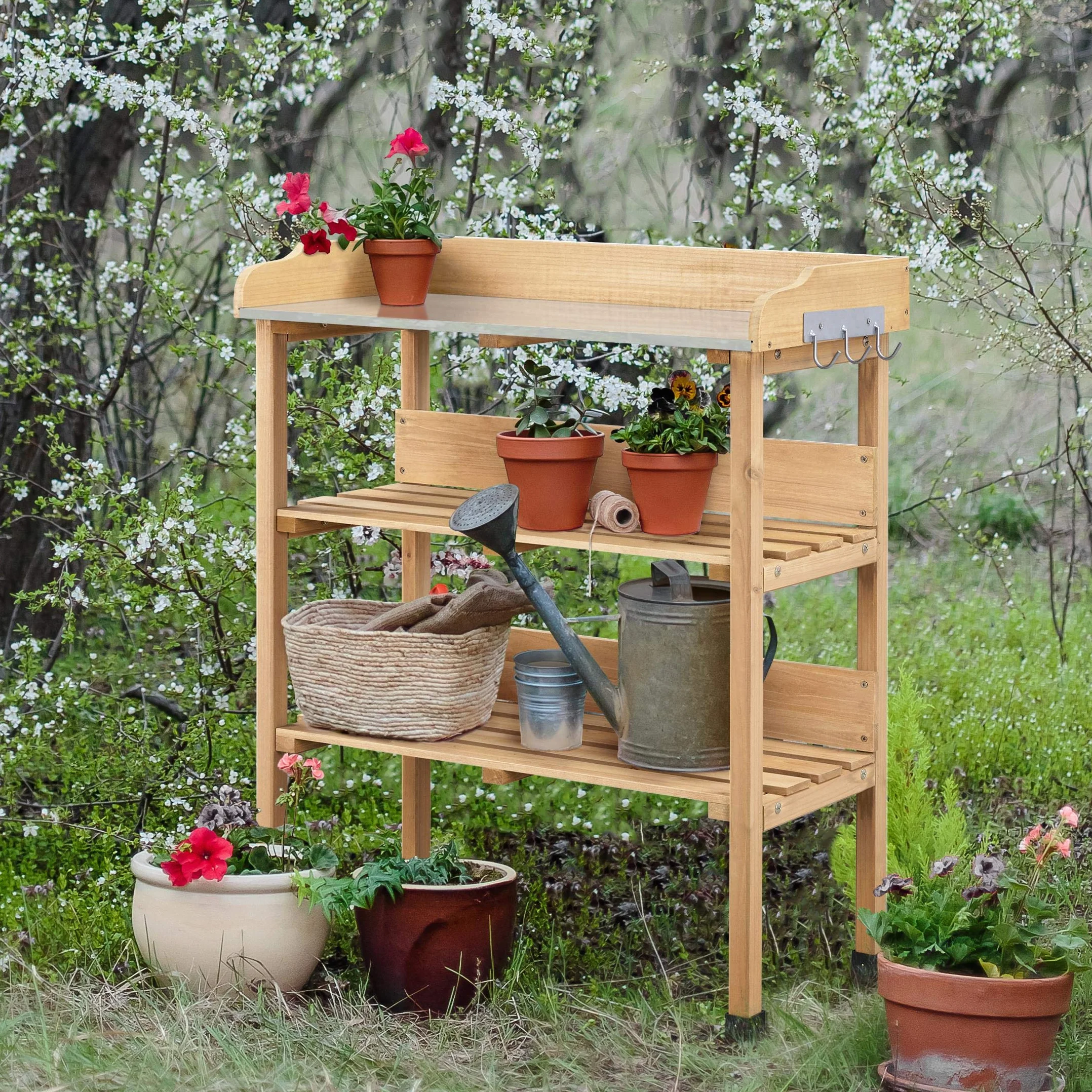 Yaheetech Table de Rempotage Extérieure en Bois Sapin avec Étagère de Rangement 3 Crochets