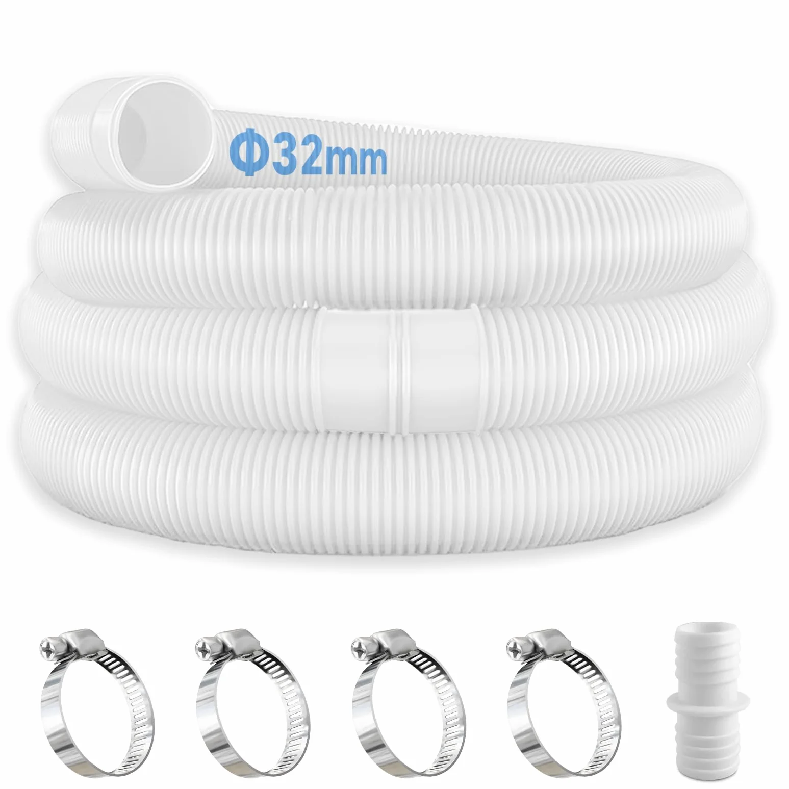 Lot de 2 tuyaux de piscine de 32 mm pour pompes de piscine avec 4 clips de sécurité et 1 raccord de tuyau, tuyau de piscine de 150 cm et 32 mm, pour pompe à filtre et piscine