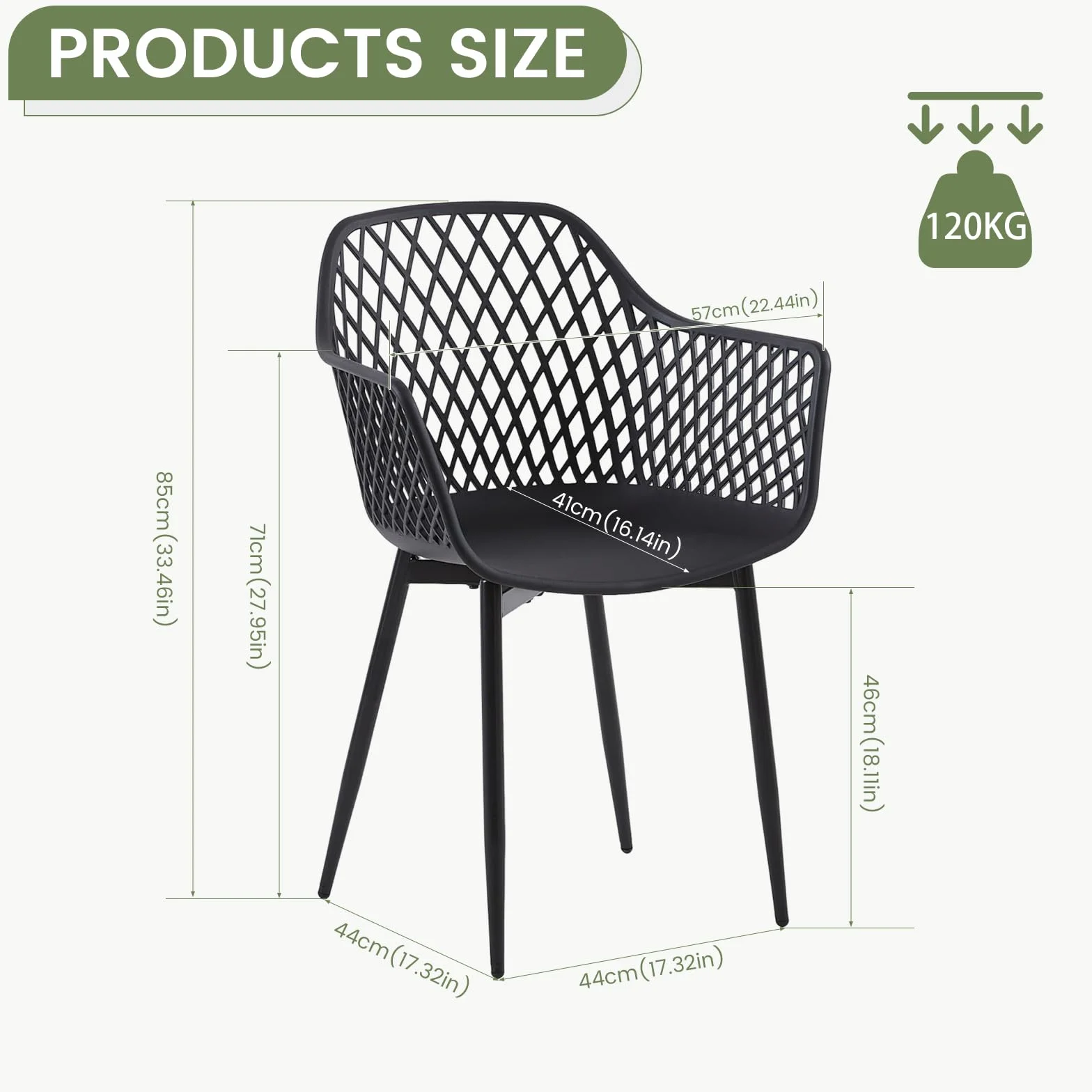 buybyroom Chaise de Jardin Exterieur, Lot de 4 Chaise Plastique avec Accoudoir et Pied en Métal, Fauteuil Jardin Exterieur pour Terrasse, Balcon, Salle a Manger, Salon, Dossier à Design Ajouré, Noir