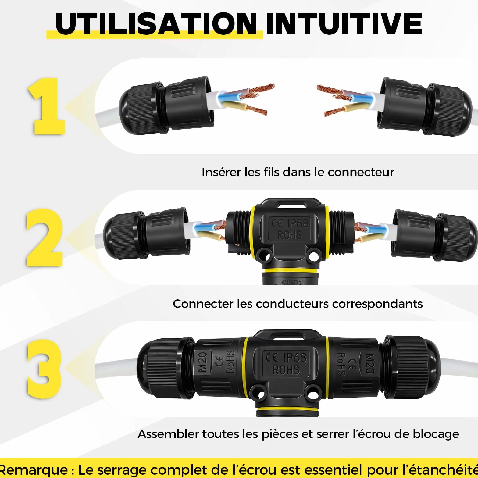 Connecteurs de câble étanches 3 broches IP68 Lot de 4 - Manchon de connexion diamètre 5-12 mm - Boîte de jonction en saillie