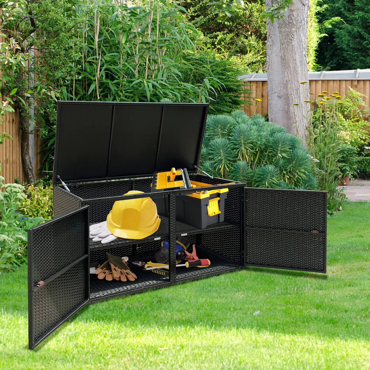 GOPLUS Coffre de Jardin Rangement Exterieur Rotin PE 115x60x65cm 335L Noir