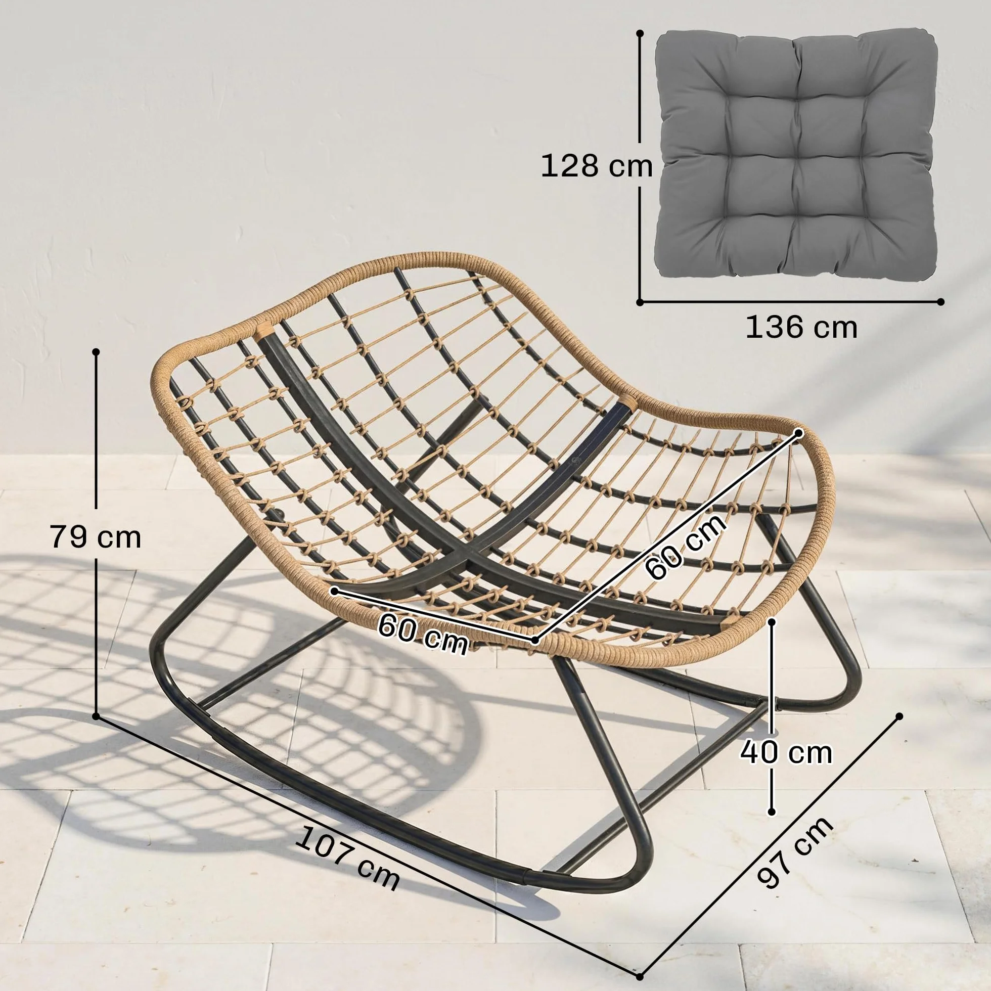 Outsunny Fauteuil à Bascule Papasan, Fauteuil à Bascule Intérieur Extérieur en Résine Tréssée avec Coussin, Chaise Ovale rembourrée en Rotin pour Salon, Jardin, Patio, Balcon, Gris