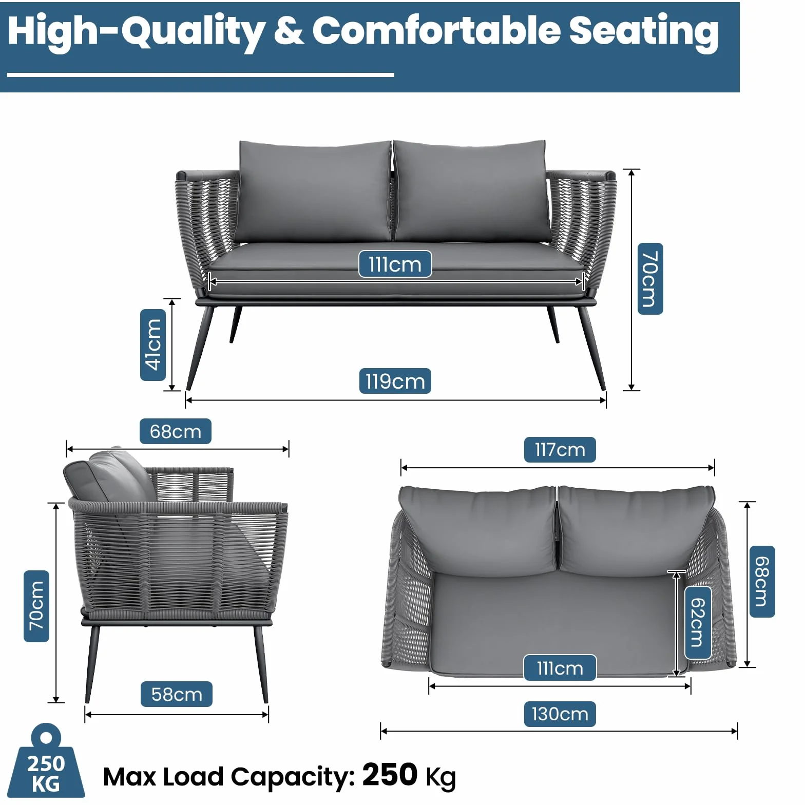 LIFERUN Canapé de Jardin 2 Places en Résine Tressée avec Coussins d'Assise et de Dossier, Banc de Jardin avec Accoudoirs, pour Balcon, Terrasse, Jardin, Piscine, Intérieur et Extérieur, Gris