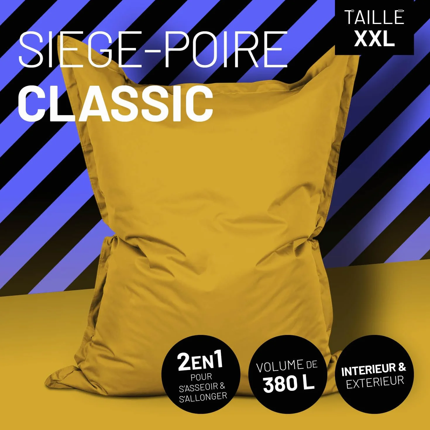 Lumaland Pouf géant XXL 140 x 180 cm - Coussin de couchage imperméable pour l'intérieur et l'extérieur avec plus de 3 millions de perles EPS adaptatives - Bean Bag avec housse lavable - Jaune moutarde
