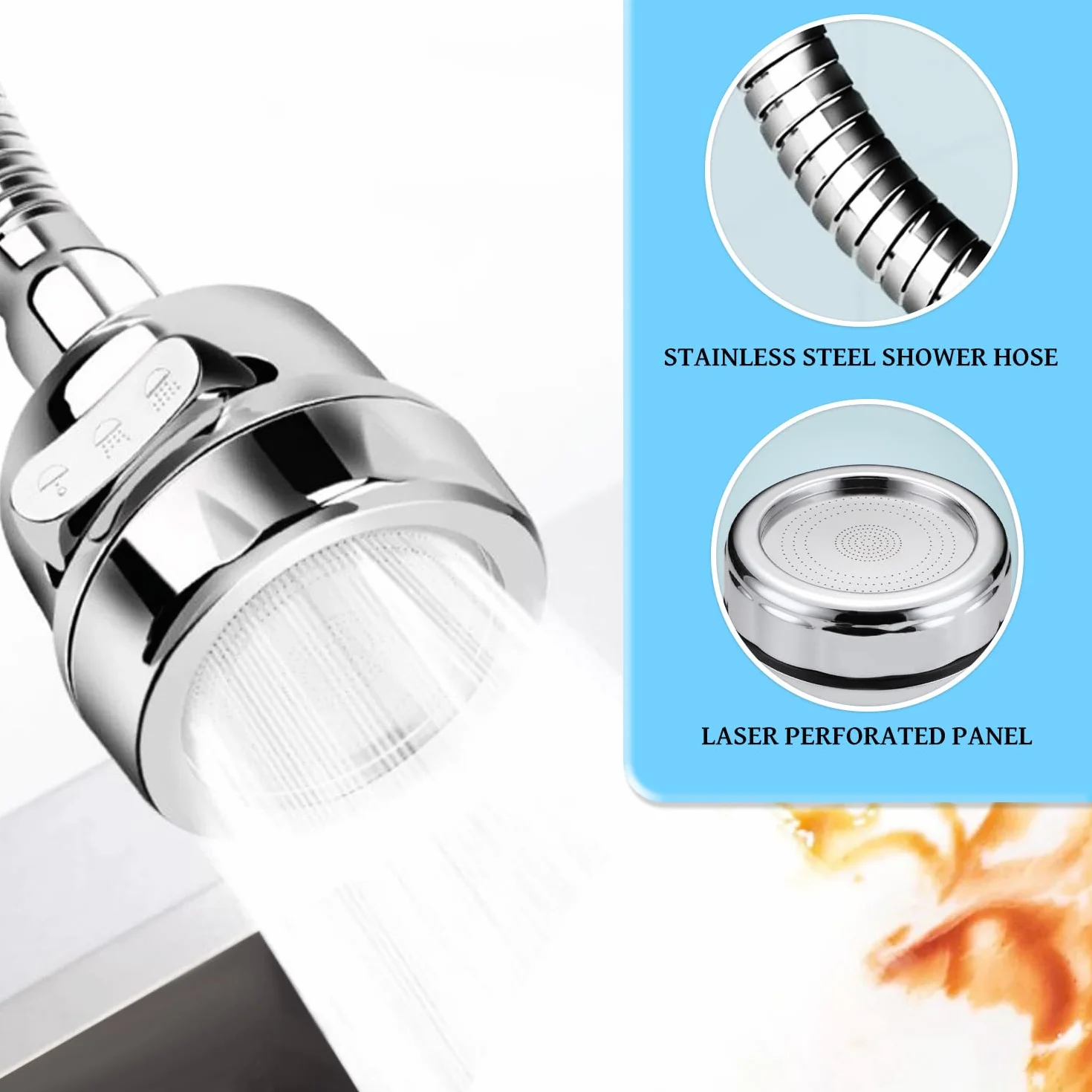 Mousseur robinet cuisine économie eau 3 modes acier inox flexible brise jet aérateur